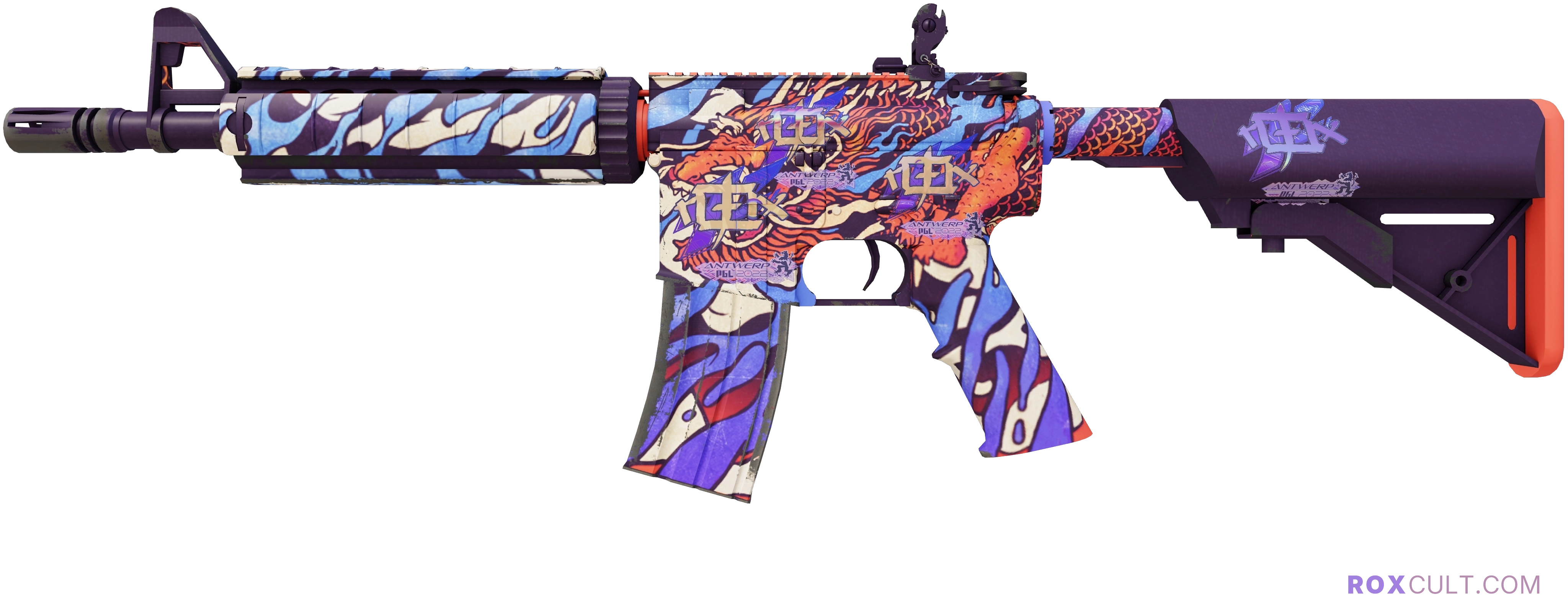 M4A4 | 龍王 (Dragon King) (Factory New) — rox (Holo) Antwerp 2022 craft, playside view with 4 rox (Holo) stickers