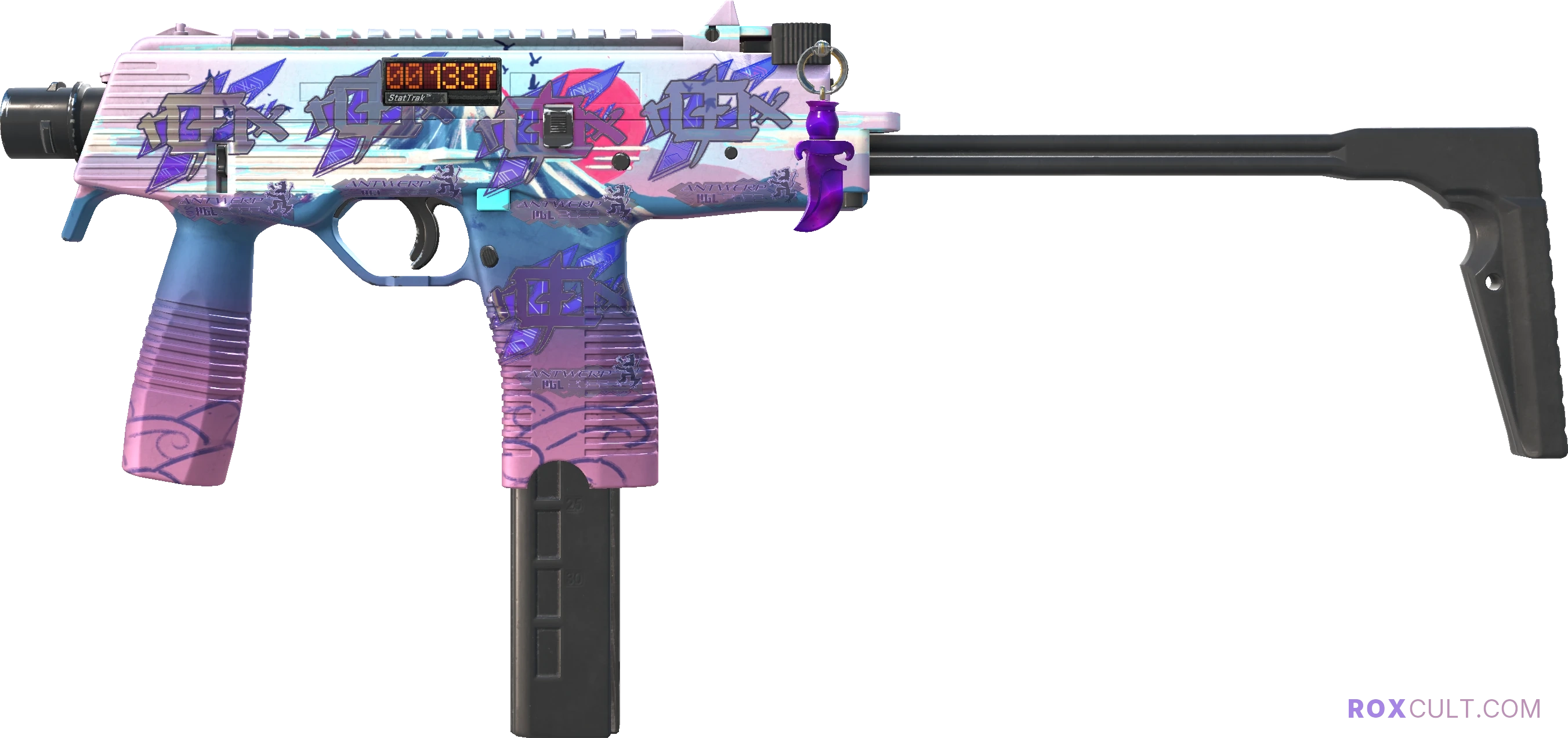 StatTrak™ MP9 | Mount Fuji (Factory New) — rox (Holo) Antwerp 2022 craft, playside view with 5 rox (Holo) stickers