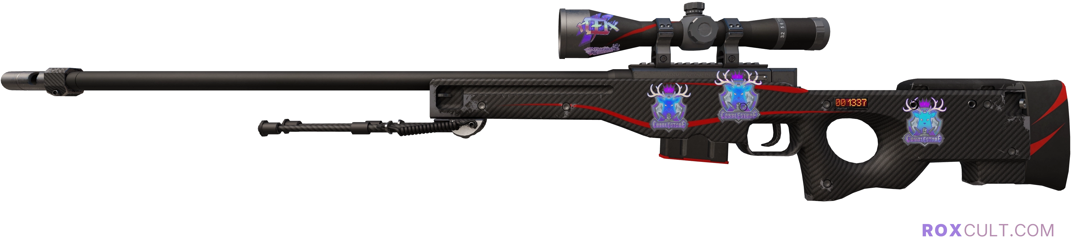 StatTrak™ AWP | Redline (Minimal Wear) — rox (Holo) Antwerp 2022 craft, playside view with 1 rox (Holo) sticker