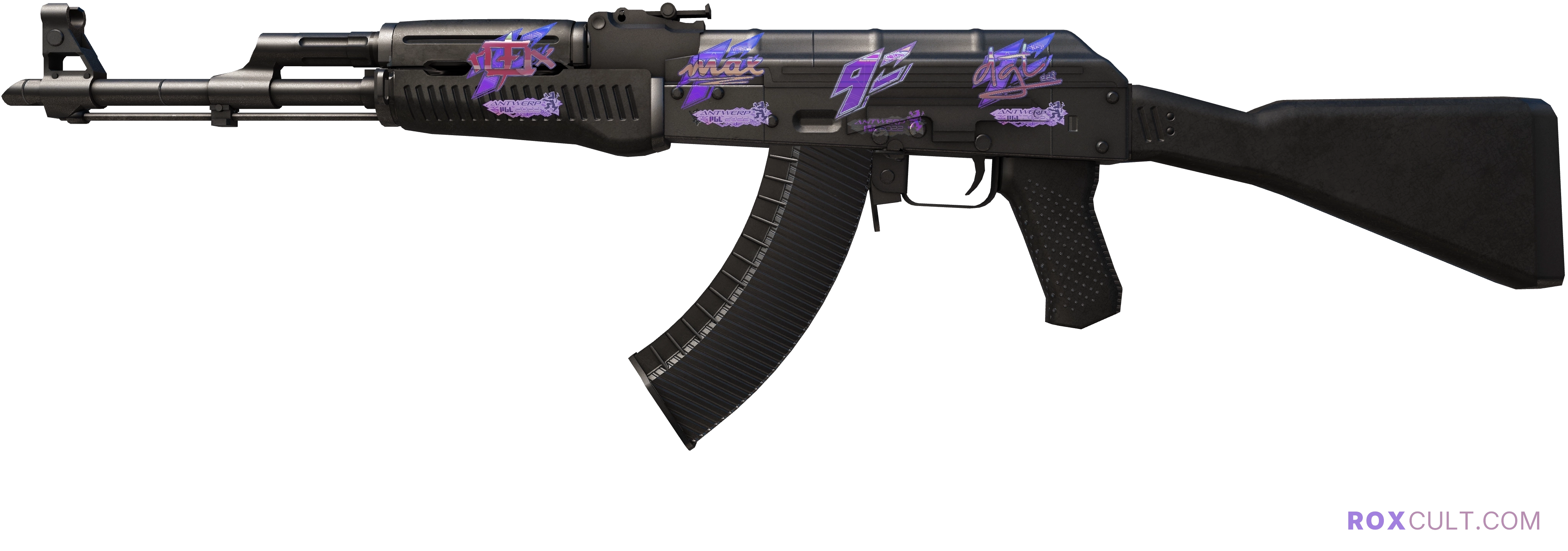 AK-47 | Slate (Minimal Wear) — rox (Holo) Antwerp 2022 craft, playside view with 1 rox (Holo) sticker