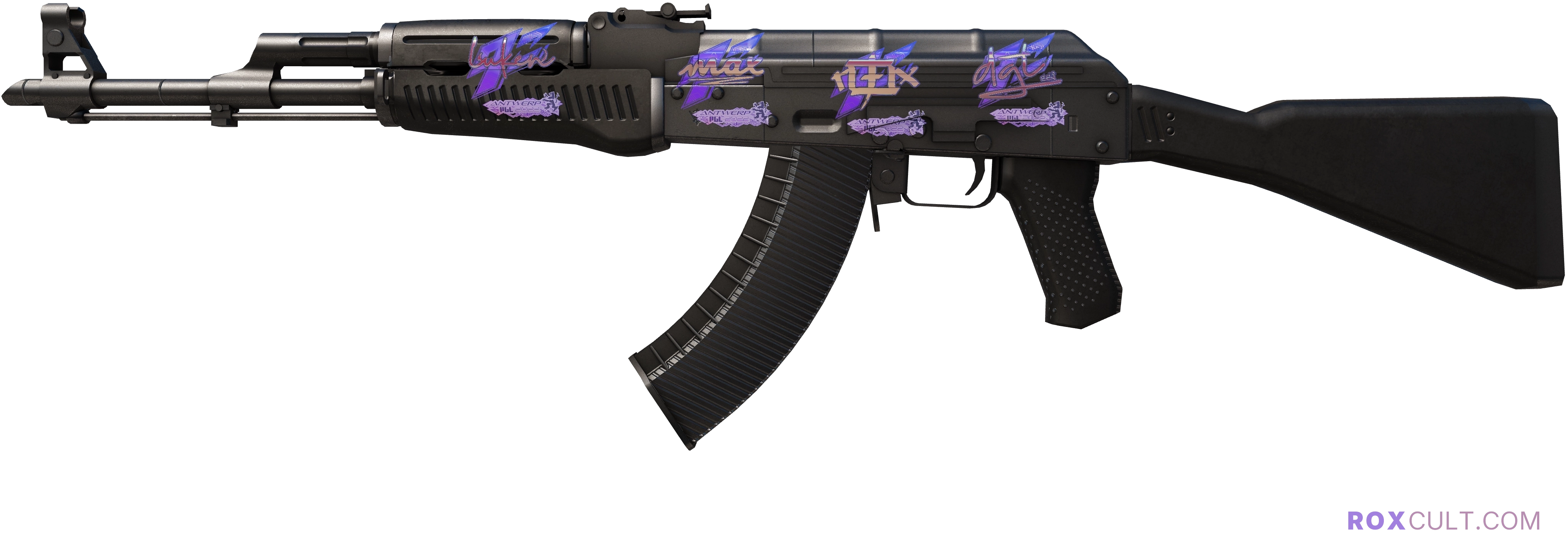 AK-47 | Slate (Factory New) — rox (Holo) Antwerp 2022 craft, playside view with 1 rox (Holo) sticker