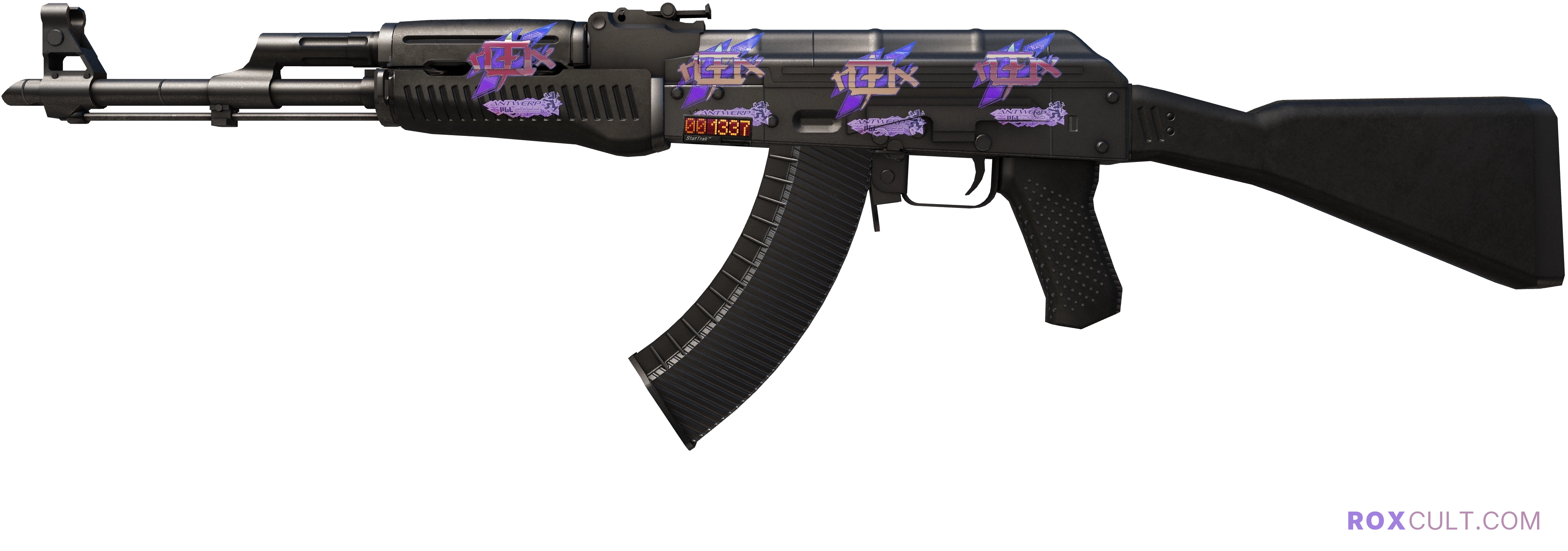 StatTrak™ AK-47 | Slate (Factory New) — rox (Holo) Antwerp 2022 craft, playside view with 4 rox (Holo) stickers