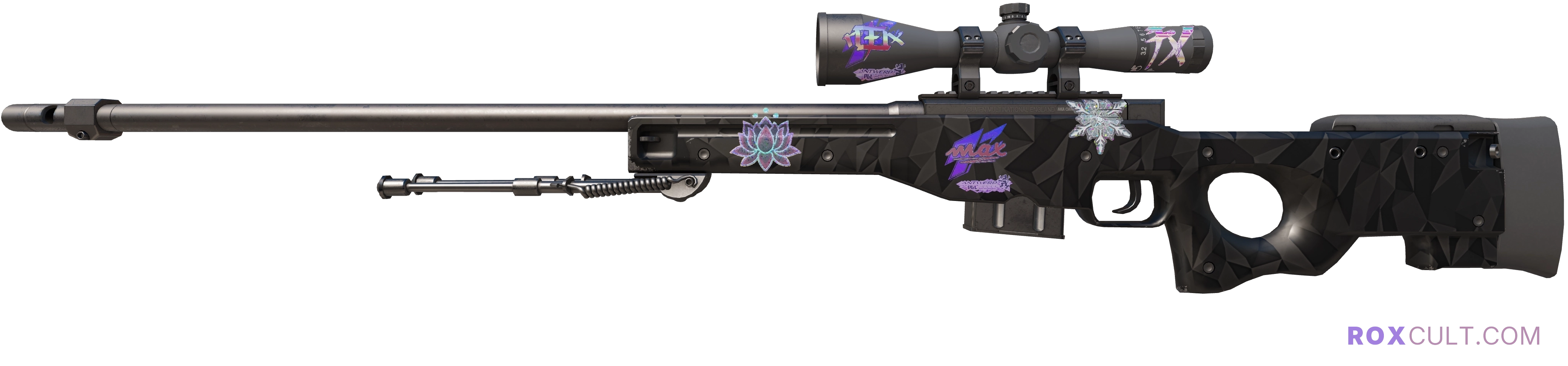 AWP | Graphite (Factory New) — rox (Holo) Antwerp 2022 craft, playside view with 1 rox (Holo) sticker