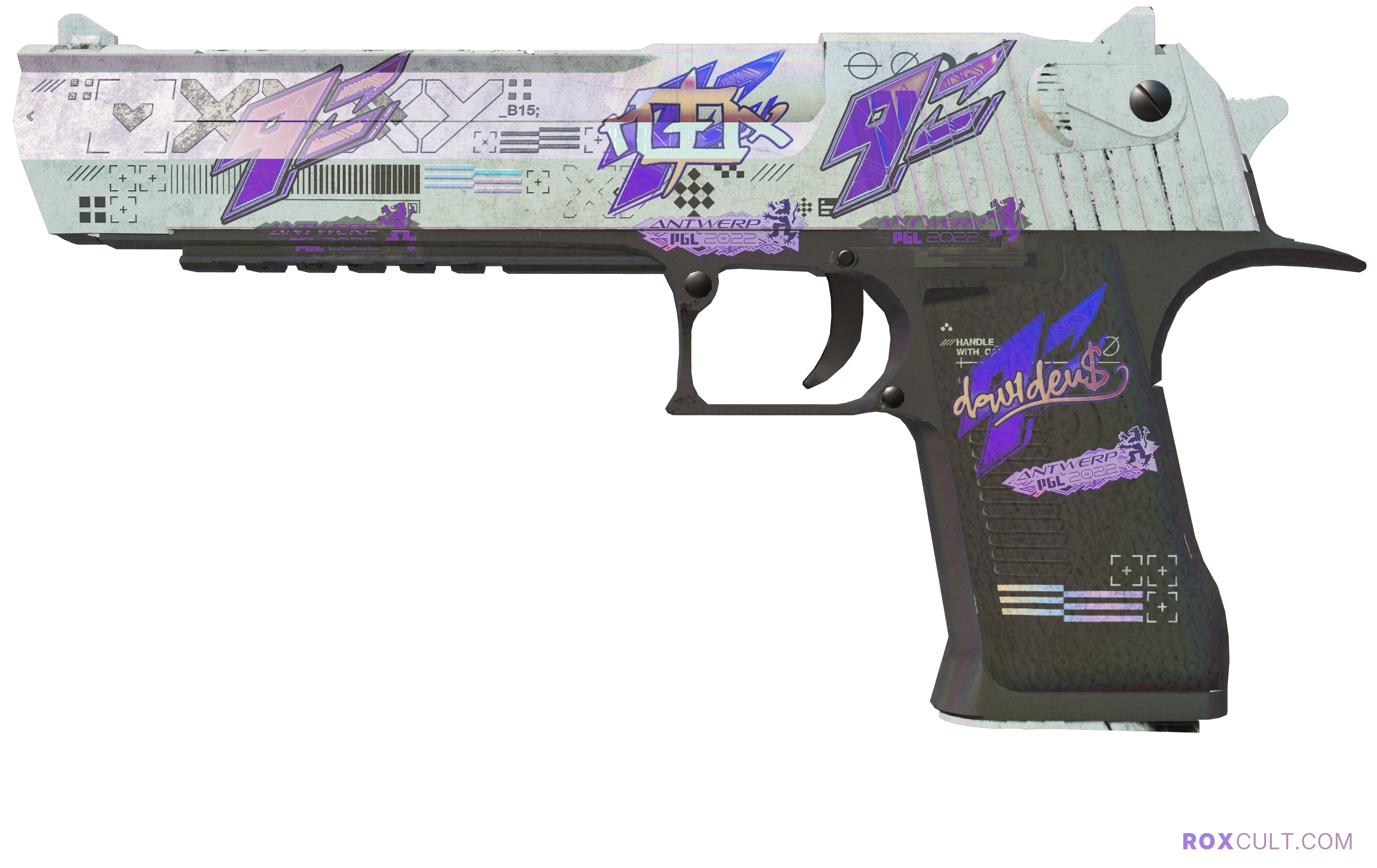 Desert Eagle | Printstream (Battle-Scarred) — rox (Holo) Antwerp 2022 craft, playside view with 1 rox (Holo) sticker