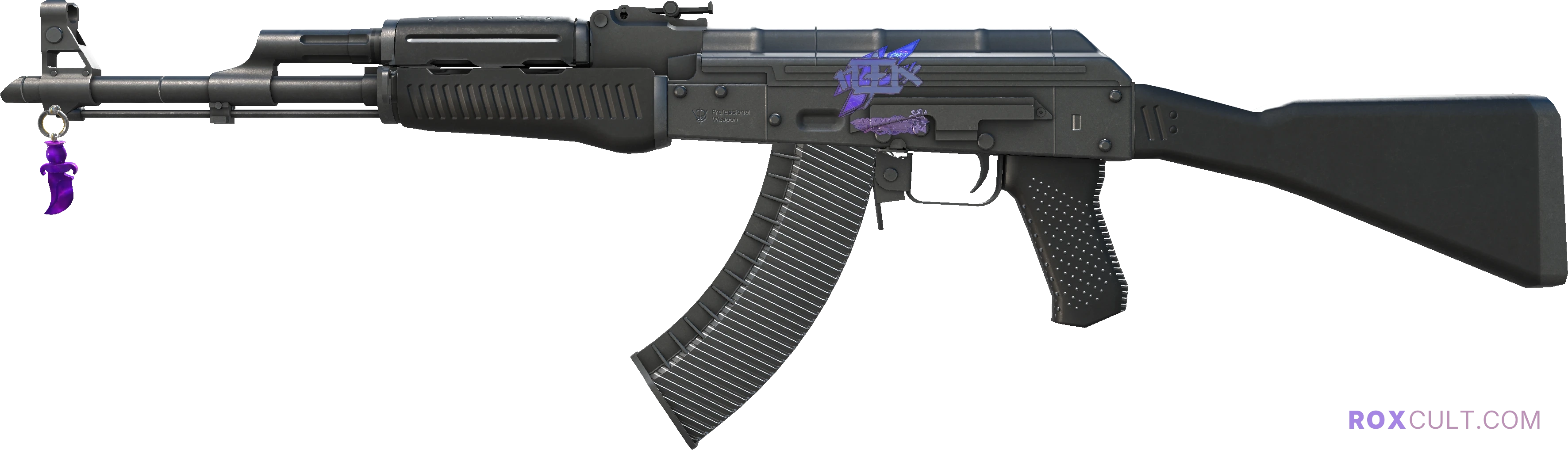 AK-47 | Slate (Field-Tested) — rox (Holo) Antwerp 2022 craft, playside view with 1 rox (Holo) sticker