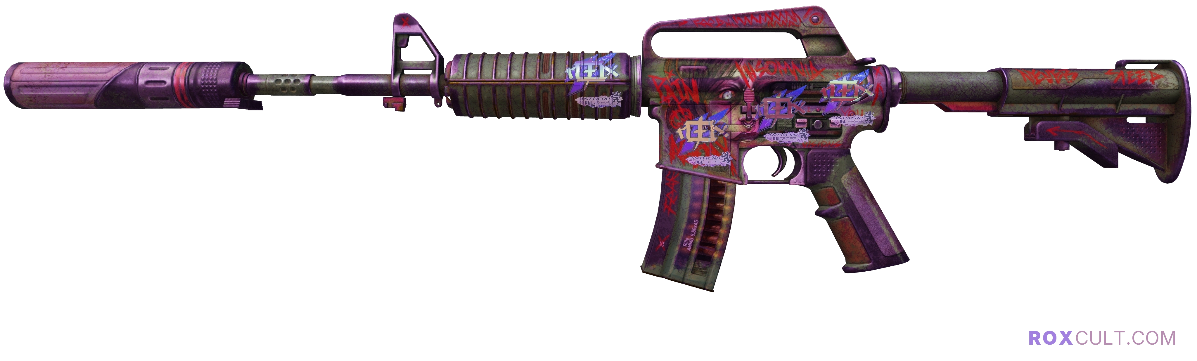 M4A1-S | Night Terror (Battle-Scarred) — rox (Holo) Antwerp 2022 craft, playside view with 4 rox (Holo) stickers