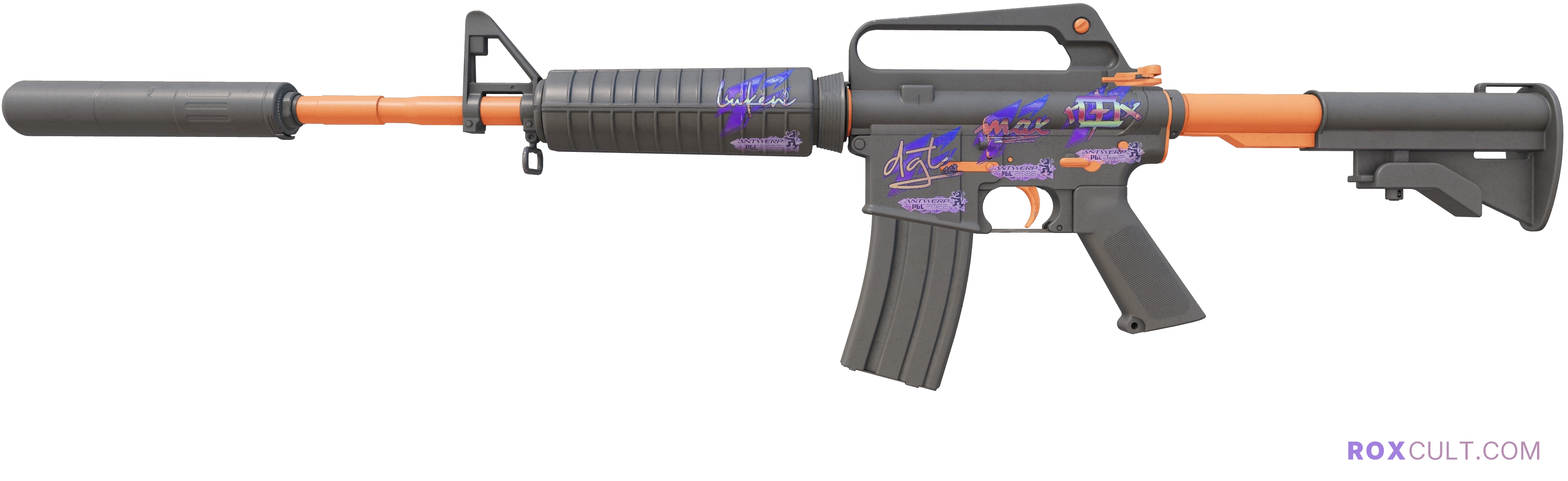 M4A1-S | Nitro (Factory New) — rox (Holo) Antwerp 2022 craft, playside view with 1 rox (Holo) sticker