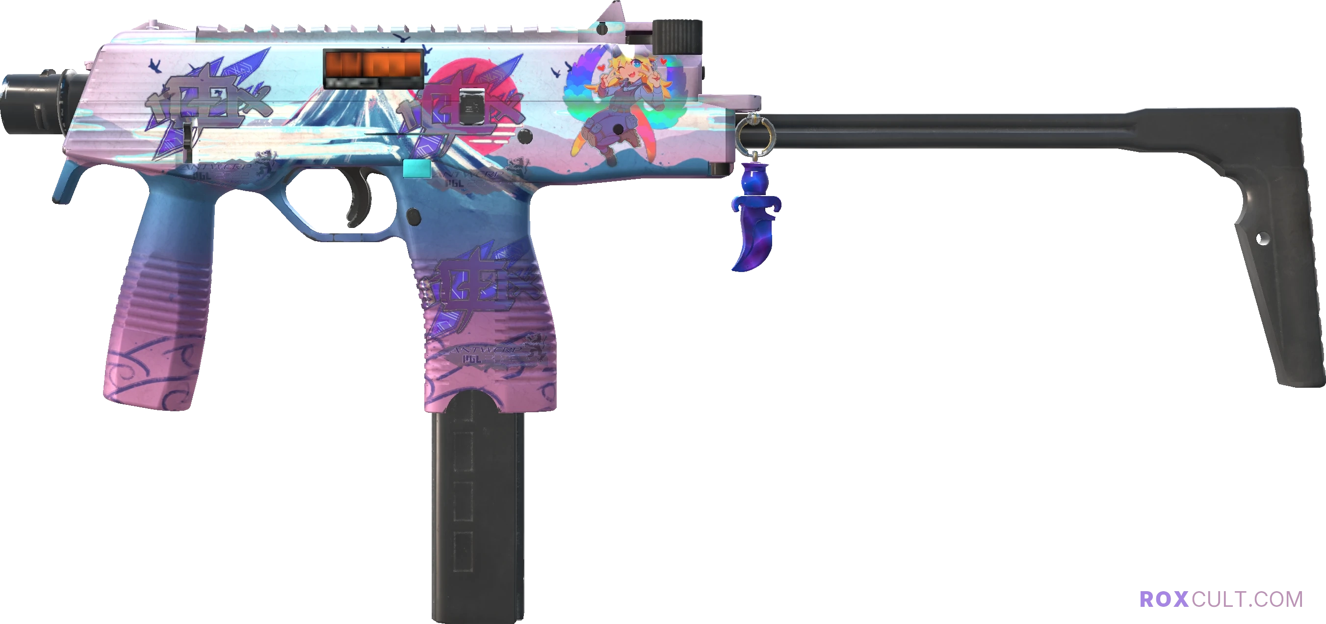 StatTrak™ MP9 | Mount Fuji (Factory New) — rox (Holo) Antwerp 2022 craft, playside view with 3 rox (Holo) stickers