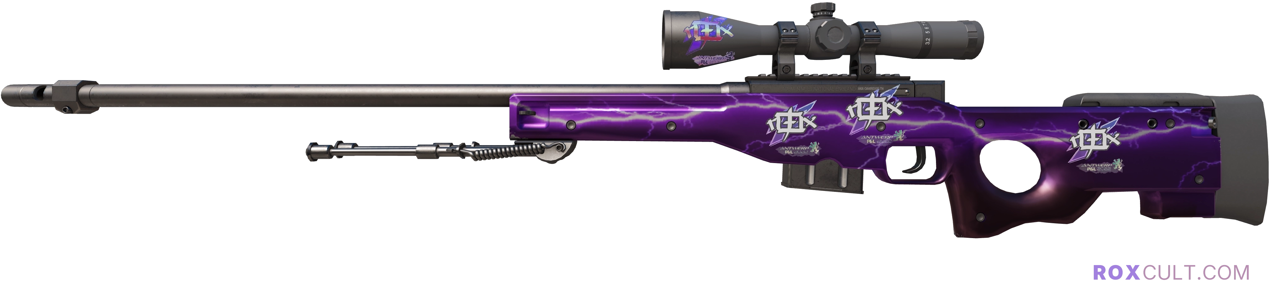 AWP | Lightning Strike (Factory New) — rox (Holo) Antwerp 2022 craft, playside view with 1 rox (Holo) sticker