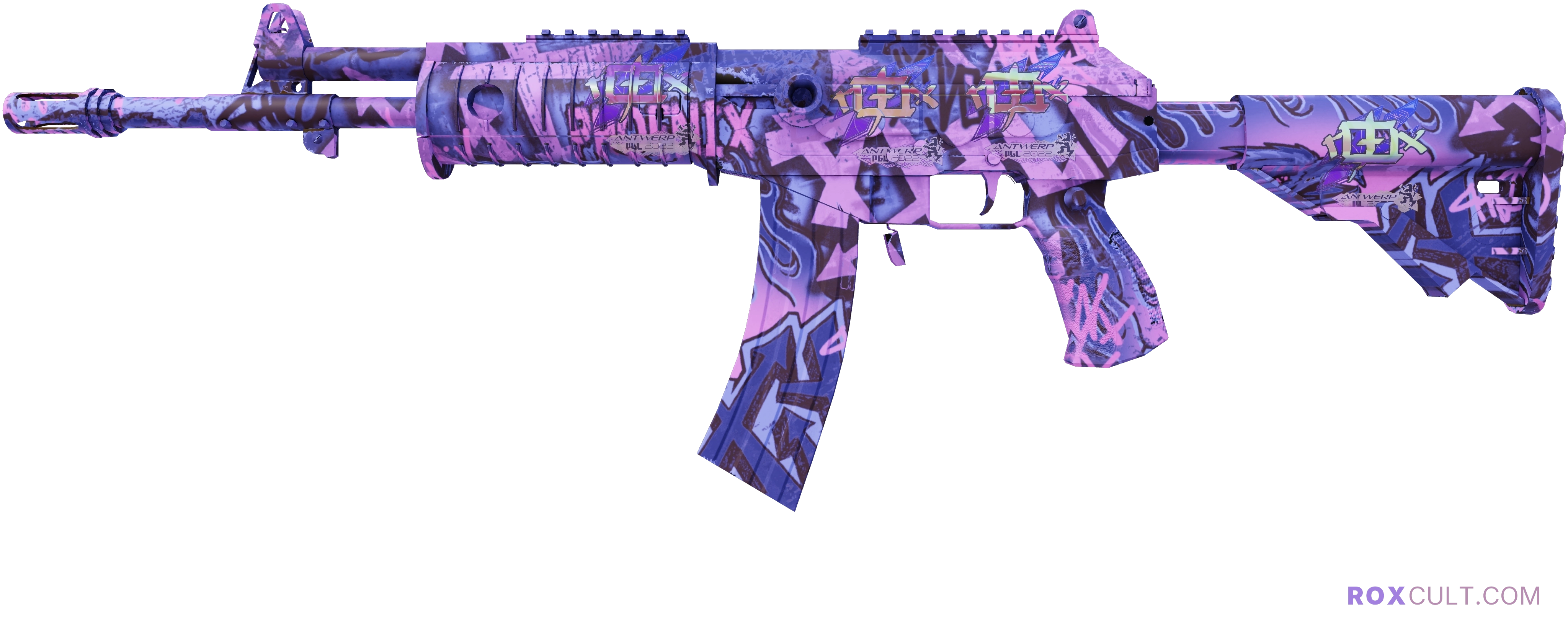 Galil AR | Phoenix Blacklight (Factory New) — rox (Holo) Antwerp 2022 craft, playside view with 4 rox (Holo) stickers