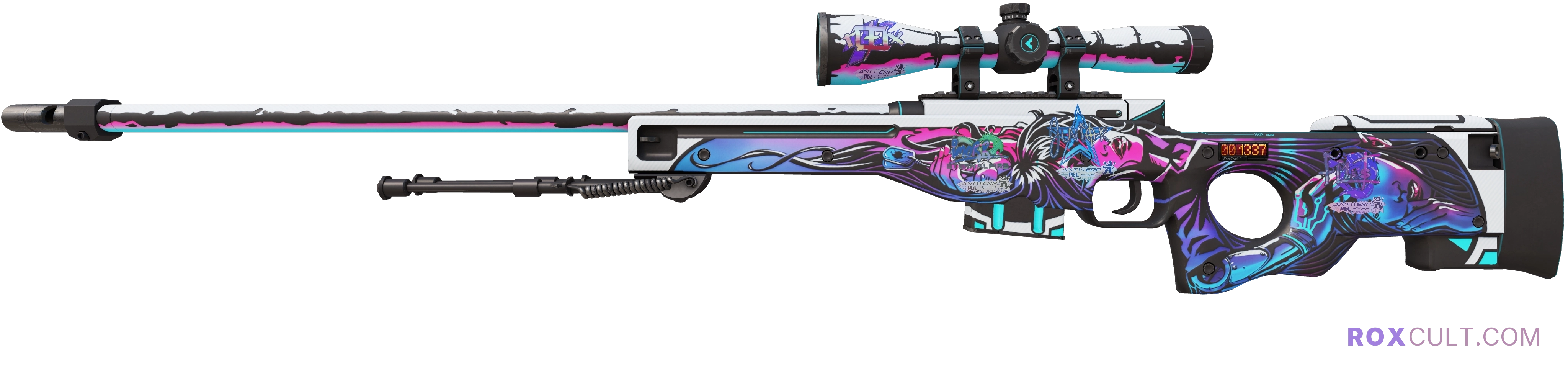 StatTrak™ AWP | Neo-Noir (Factory New) — rox (Holo) Antwerp 2022 craft, playside view with 1 rox (Holo) sticker