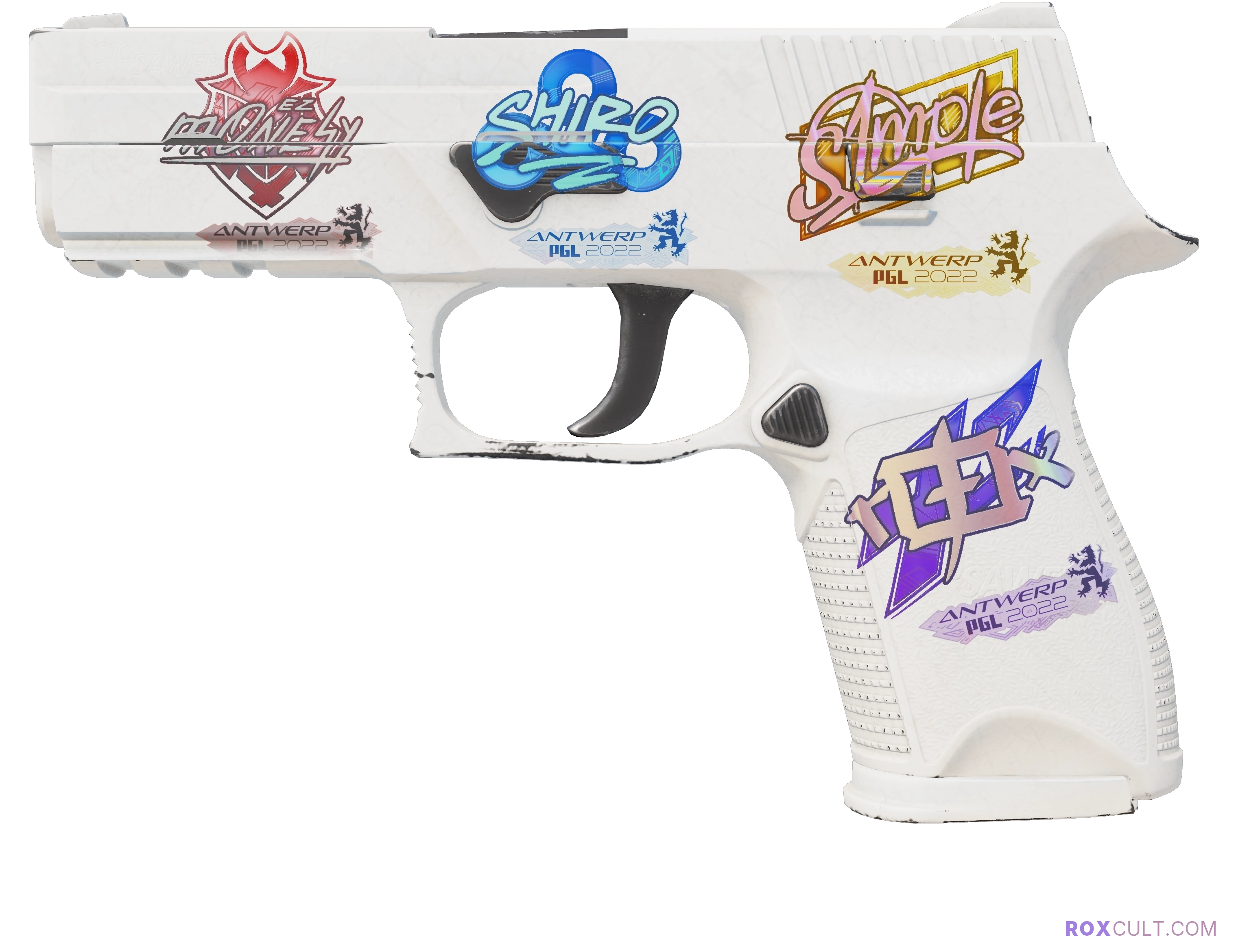 P250 | Whiteout (Factory New) — rox (Holo) Antwerp 2022 craft, playside view with 1 rox (Holo) sticker