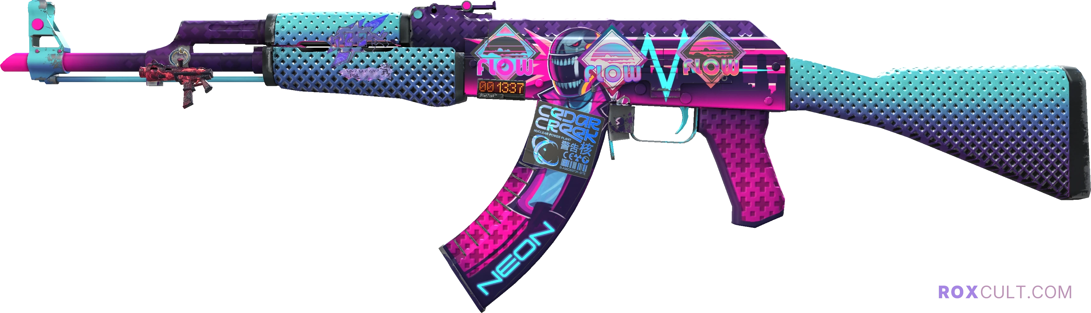StatTrak™ AK-47 | Neon Rider (Minimal Wear) — rox (Holo) Antwerp 2022 craft, playside view with 1 rox (Holo) sticker