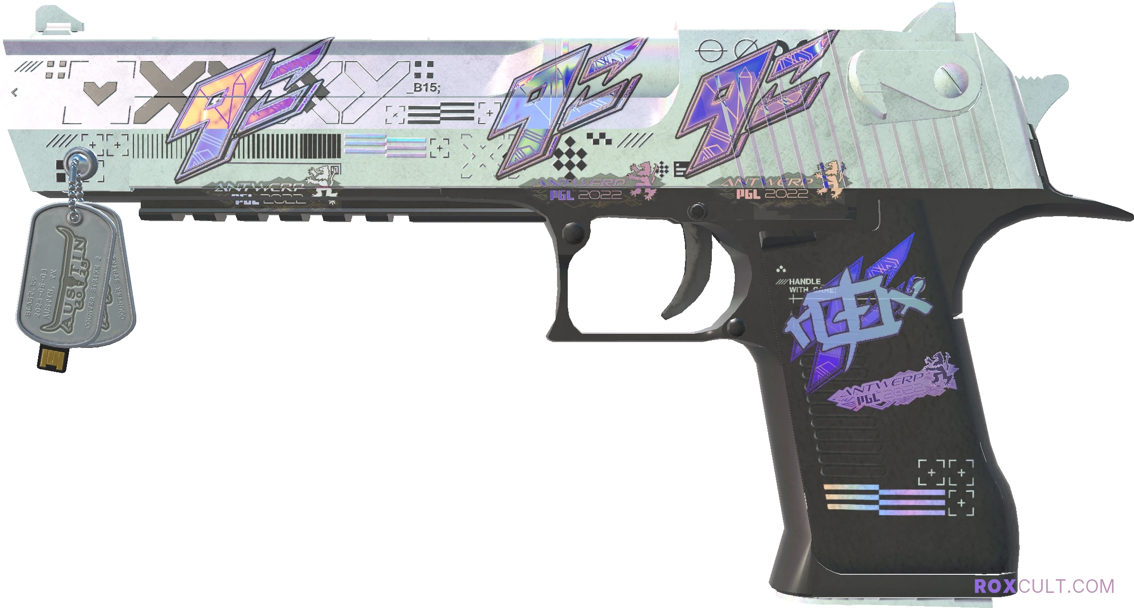 Desert Eagle | Printstream (Field-Tested) — rox (Holo) Antwerp 2022 craft, playside view with 1 rox (Holo) sticker