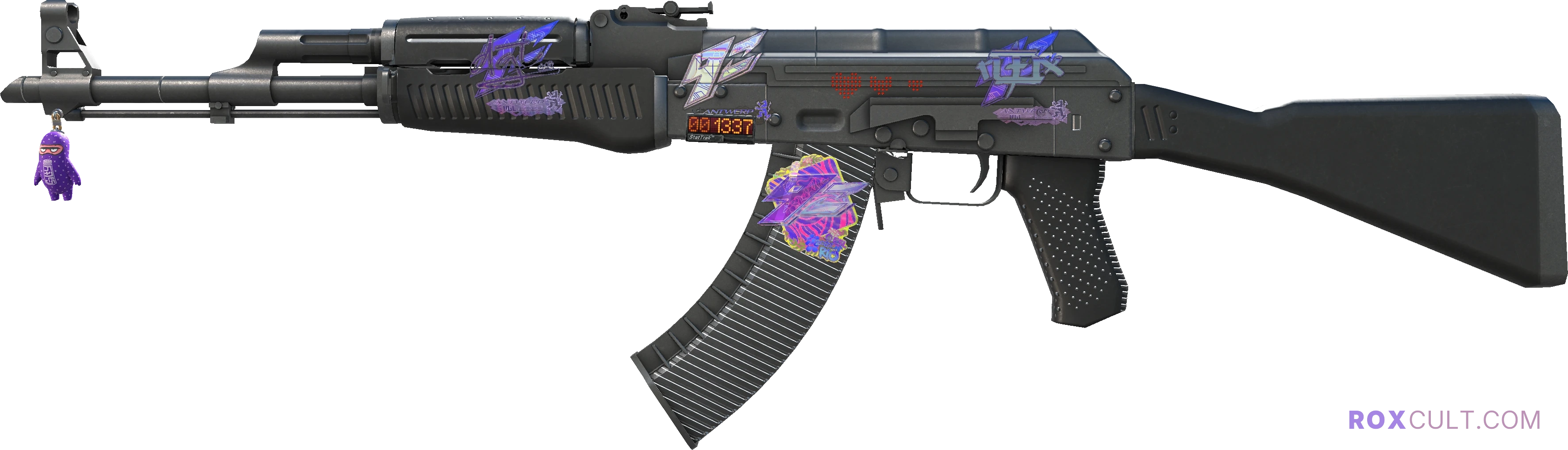 StatTrak™ AK-47 | Slate (Field-Tested) — rox (Holo) Antwerp 2022 craft, playside view with 1 rox (Holo) sticker