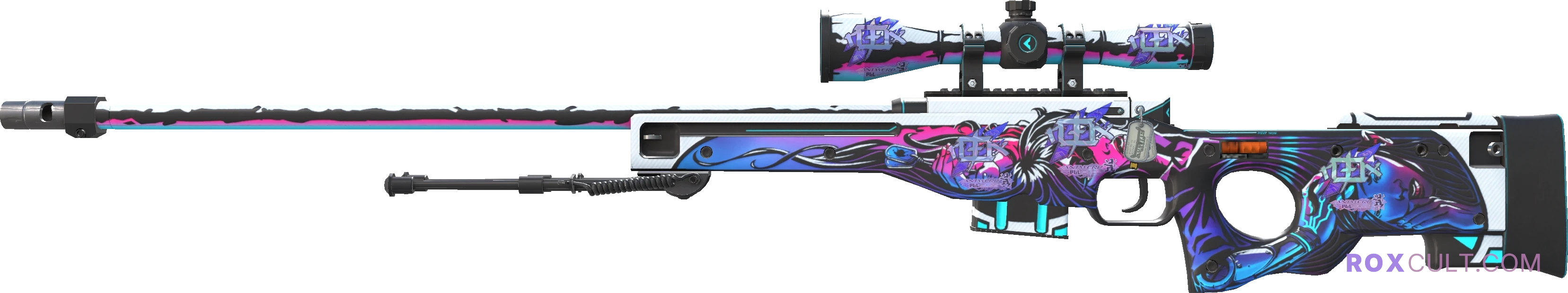 StatTrak™ AWP | Neo-Noir (Factory New) — rox (Holo) Antwerp 2022 craft, playside view with 5 rox (Holo) stickers