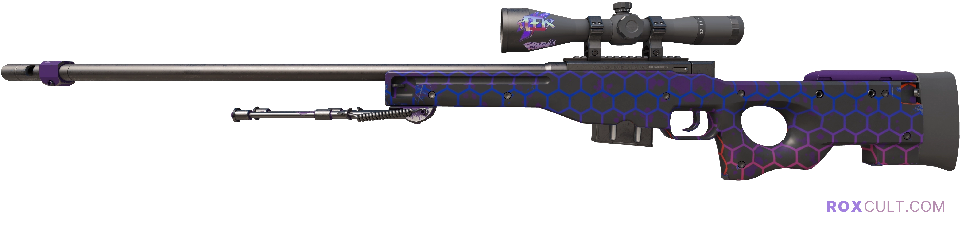 AWP | Electric Hive (Factory New) — rox (Holo) Antwerp 2022 craft, playside view with 1 rox (Holo) sticker