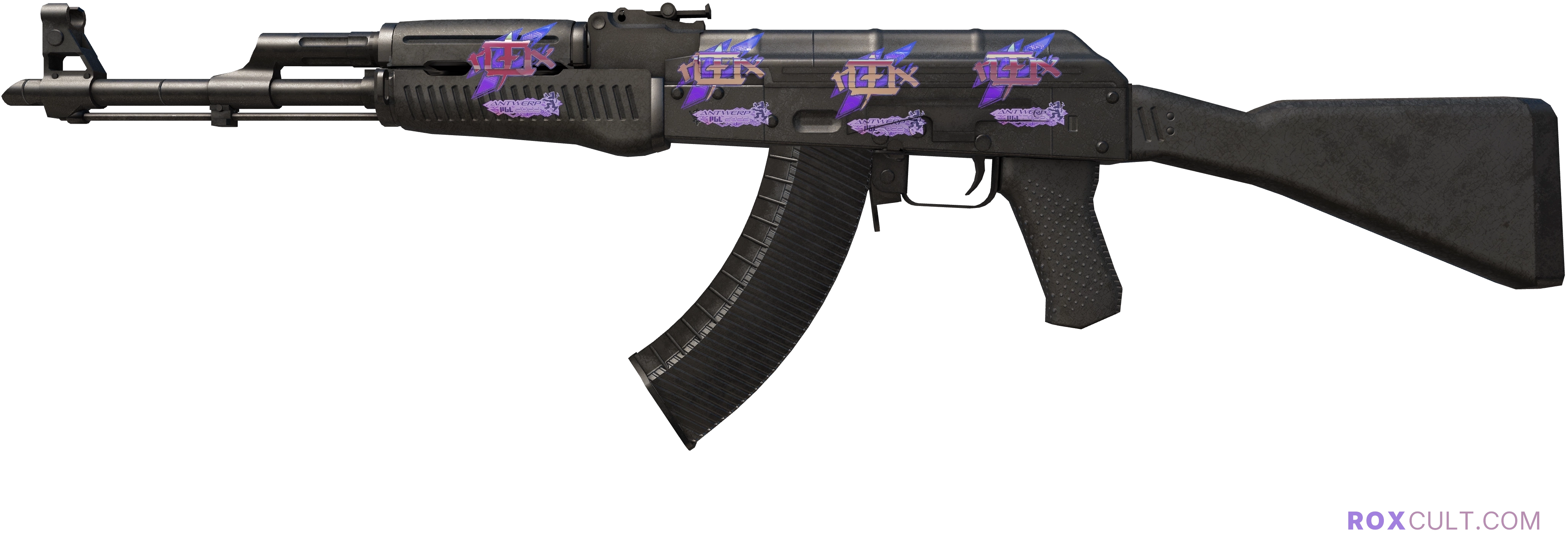 AK-47 | Slate (Field-Tested) — rox (Holo) Antwerp 2022 craft, playside view with 4 rox (Holo) stickers