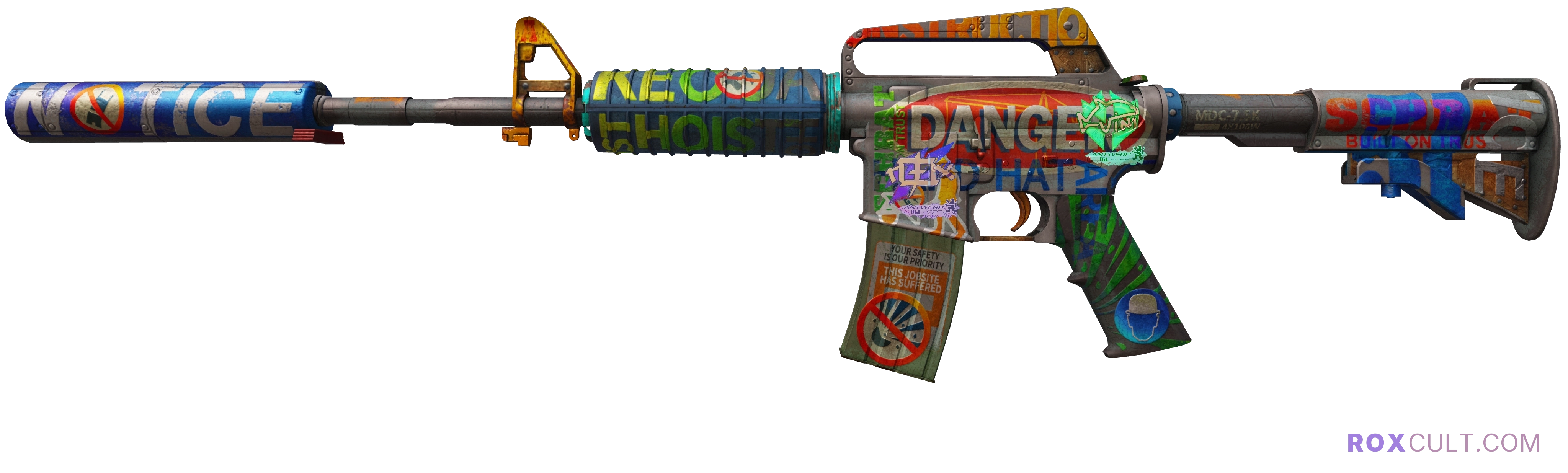 M4A1-S | Imminent Danger (Well-Worn) — rox (Holo) Antwerp 2022 craft, playside view with 1 rox (Holo) sticker