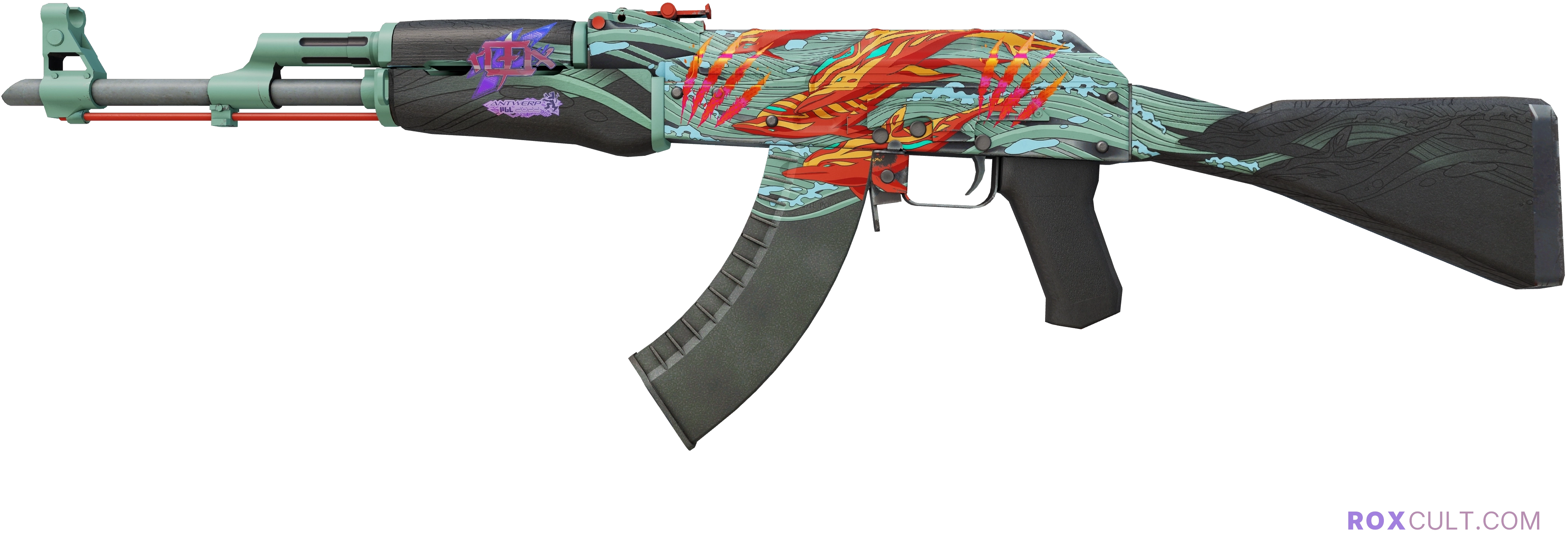 AK-47 | Aquamarine Revenge (Factory New) — rox (Holo) Antwerp 2022 craft, playside view with 1 rox (Holo) sticker