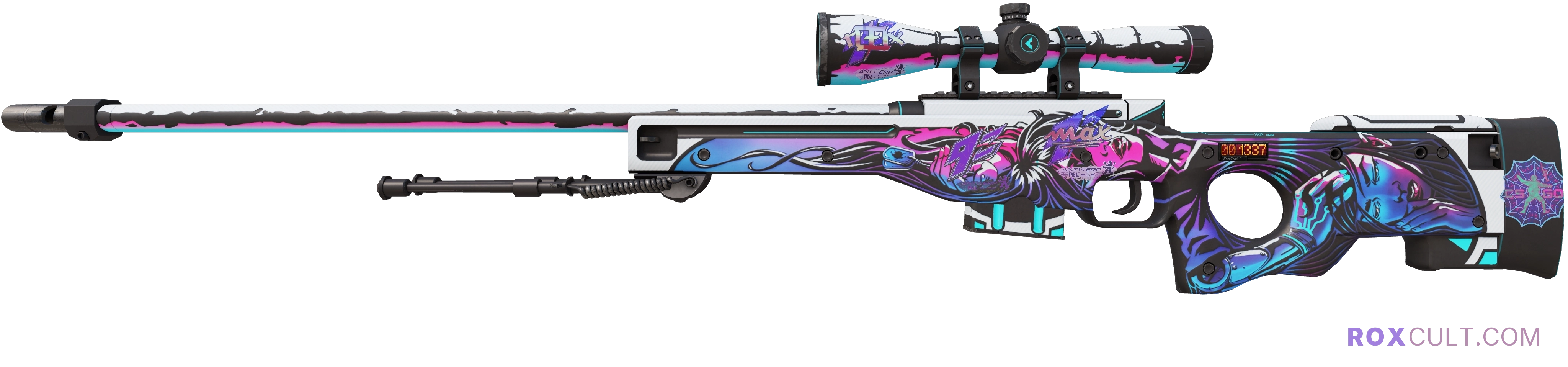 StatTrak™ AWP | Neo-Noir (Factory New) — rox (Holo) Antwerp 2022 craft, playside view with 1 rox (Holo) sticker