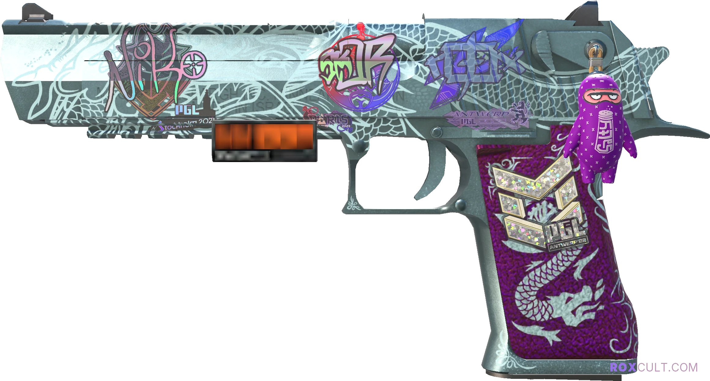 StatTrak™ Desert Eagle | Kumicho Dragon (Minimal Wear) — rox (Holo) Antwerp 2022 craft, playside view with 1 rox (Holo) sticker