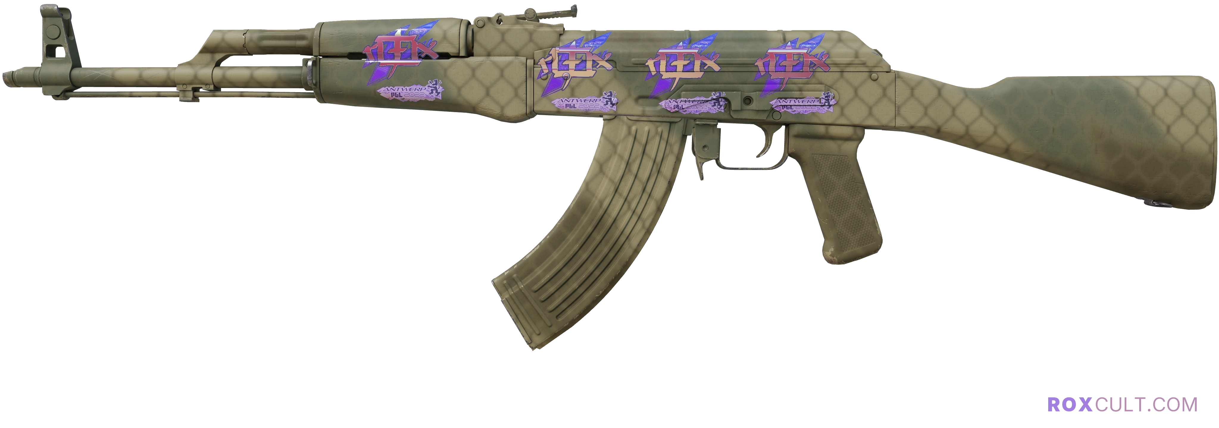 AK-47 | Safari Mesh (Factory New) — rox (Holo) Antwerp 2022 craft, playside view with 4 rox (Holo) stickers