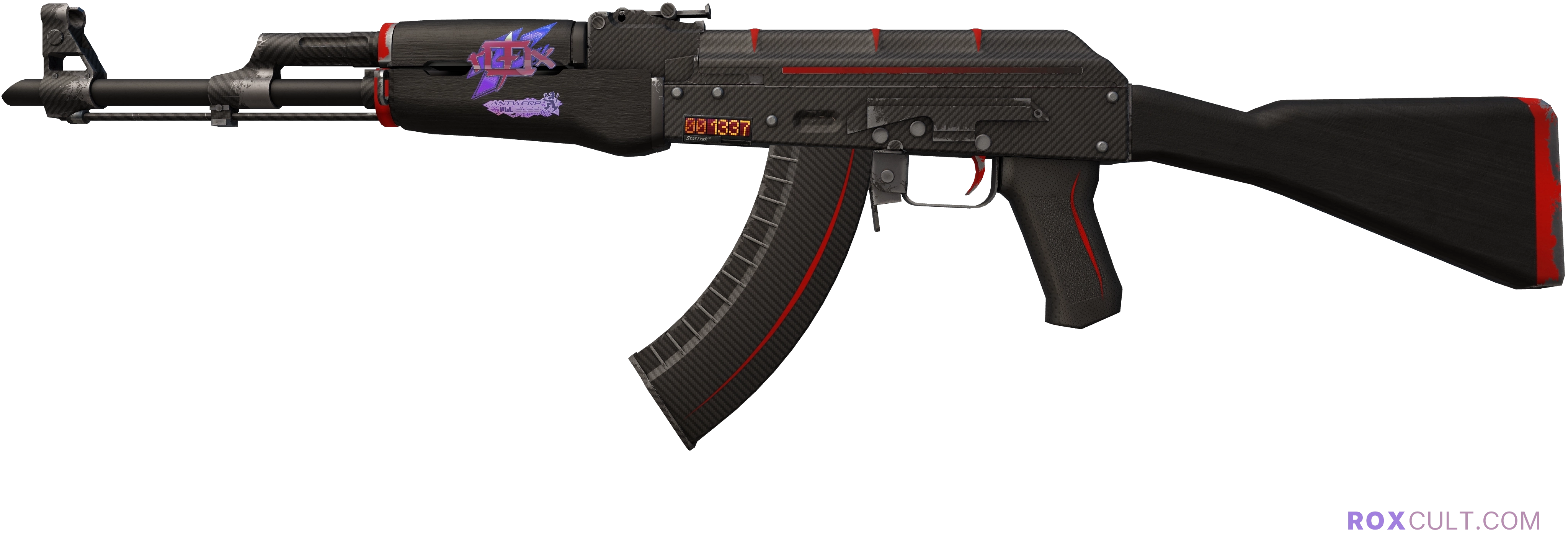 StatTrak™ AK-47 | Redline (Minimal Wear) — rox (Holo) Antwerp 2022 craft, playside view with 1 rox (Holo) sticker