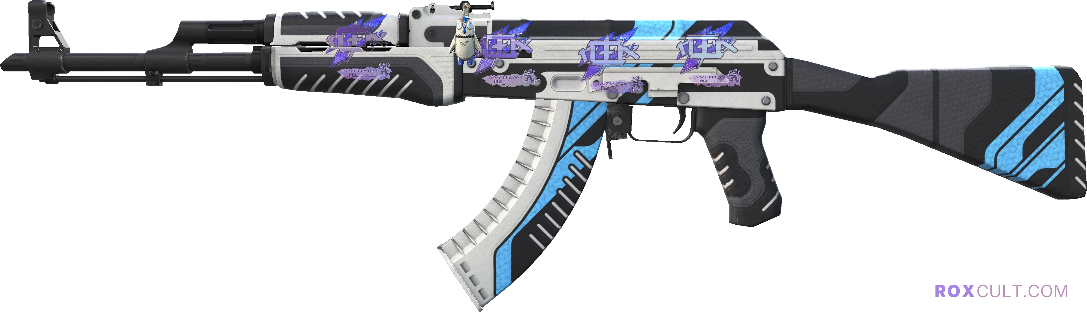 AK-47 | Vulcan (Factory New) — rox (Holo) Antwerp 2022 craft, playside view with 4 rox (Holo) stickers