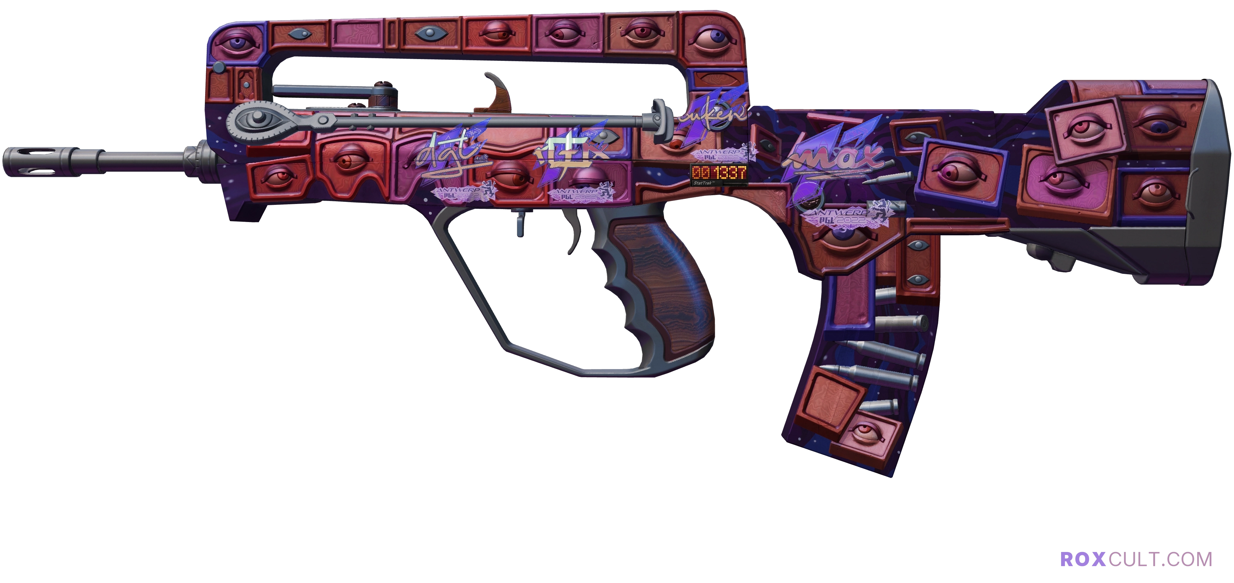 StatTrak™ FAMAS | Rapid Eye Movement (Factory New) — rox (Holo) Antwerp 2022 craft, playside view with 1 rox (Holo) sticker