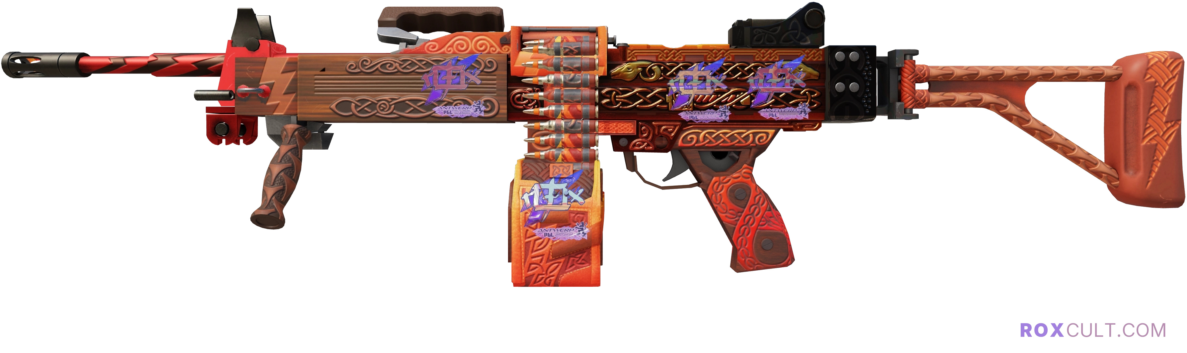 Negev | Mjölnir (Factory New) — rox (Holo) Antwerp 2022 craft, playside view with 4 rox (Holo) stickers