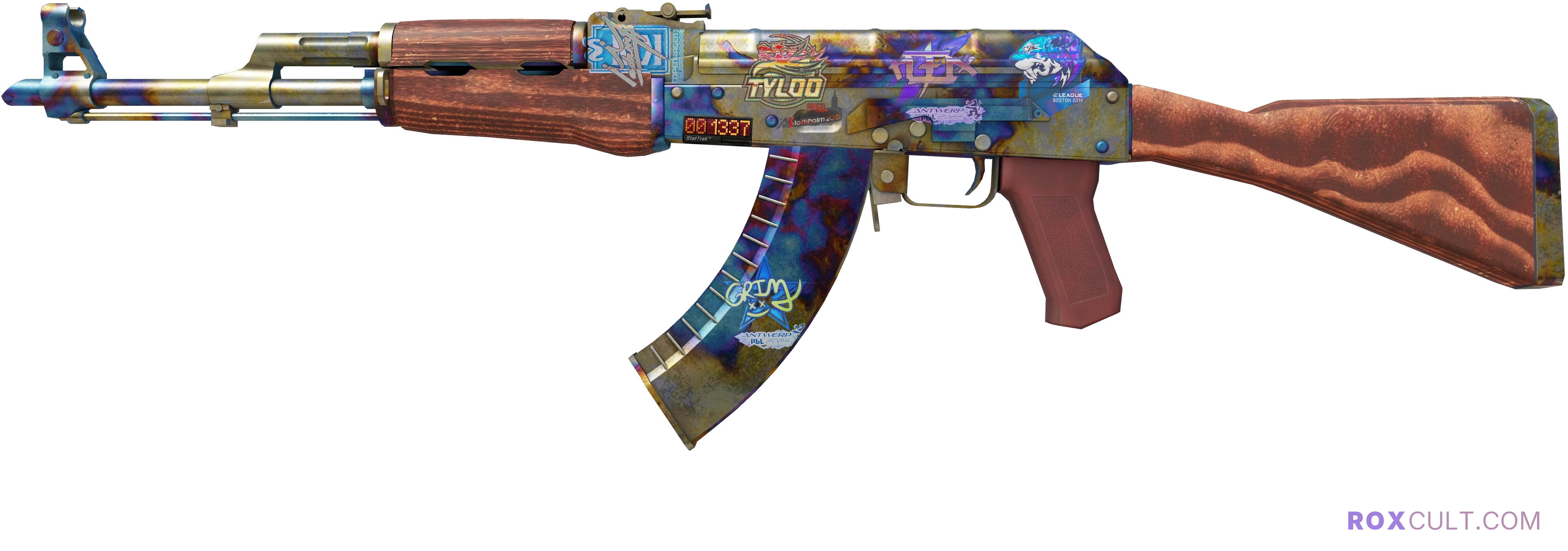 StatTrak™ AK-47 | Case Hardened (Well-Worn) — rox (Holo) Antwerp 2022 craft, playside view with 1 rox (Holo) sticker