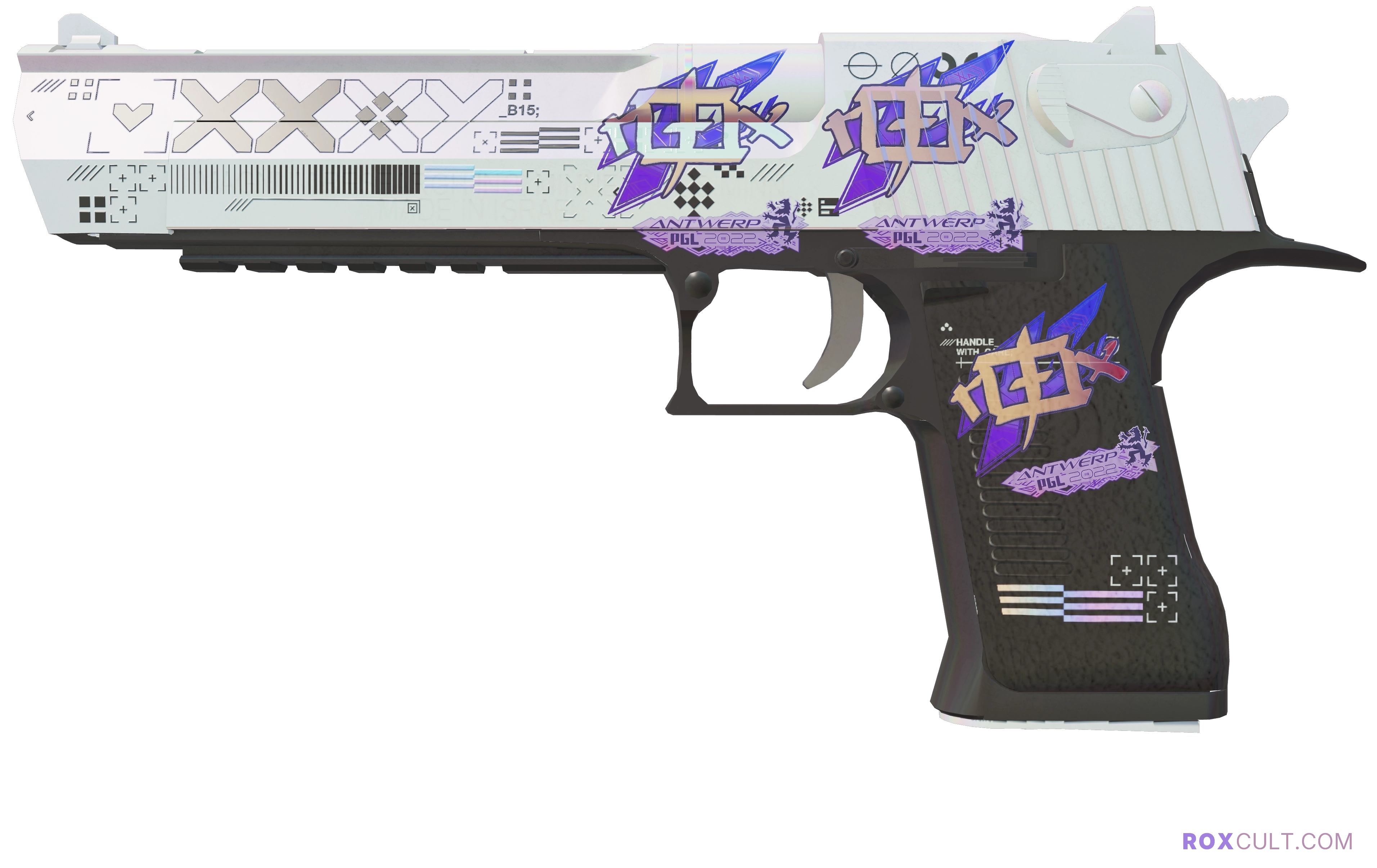 Desert Eagle | Printstream (Factory New) — rox (Holo) Antwerp 2022 craft, playside view with 3 rox (Holo) stickers