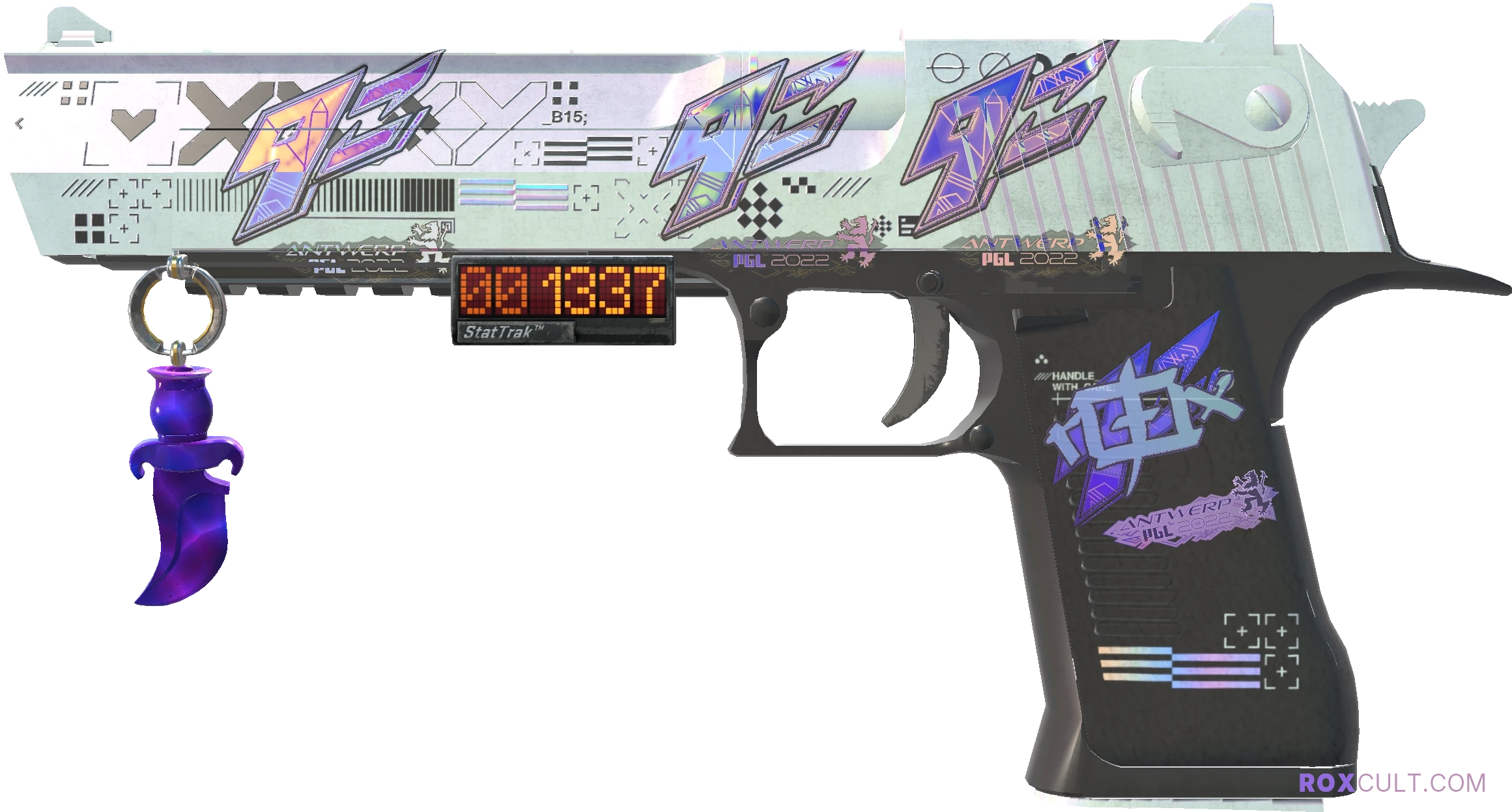 StatTrak™ Desert Eagle | Printstream (Field-Tested) — rox (Holo) Antwerp 2022 craft, playside view with 1 rox (Holo) sticker