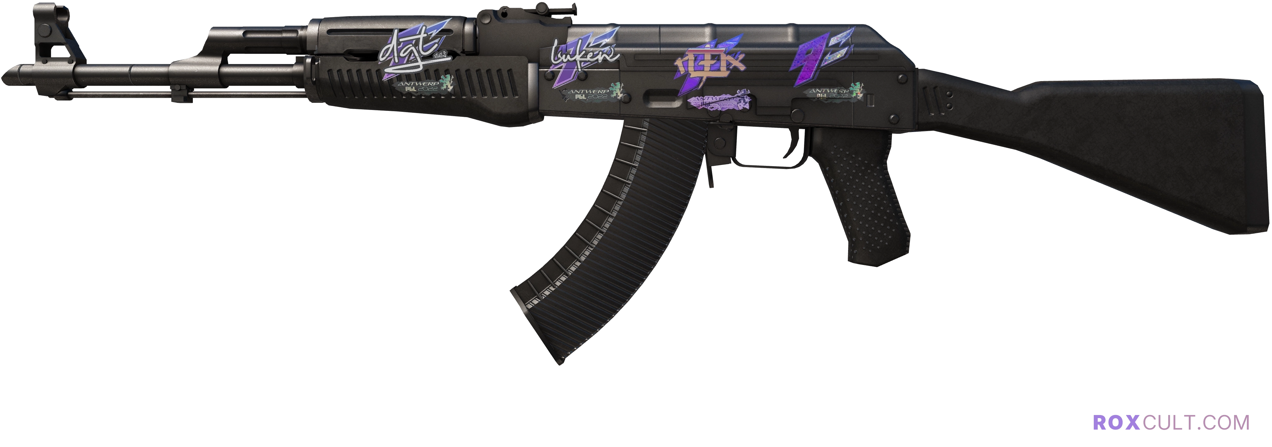 AK-47 | Slate (Minimal Wear) — rox (Holo) Antwerp 2022 craft, playside view with 1 rox (Holo) sticker