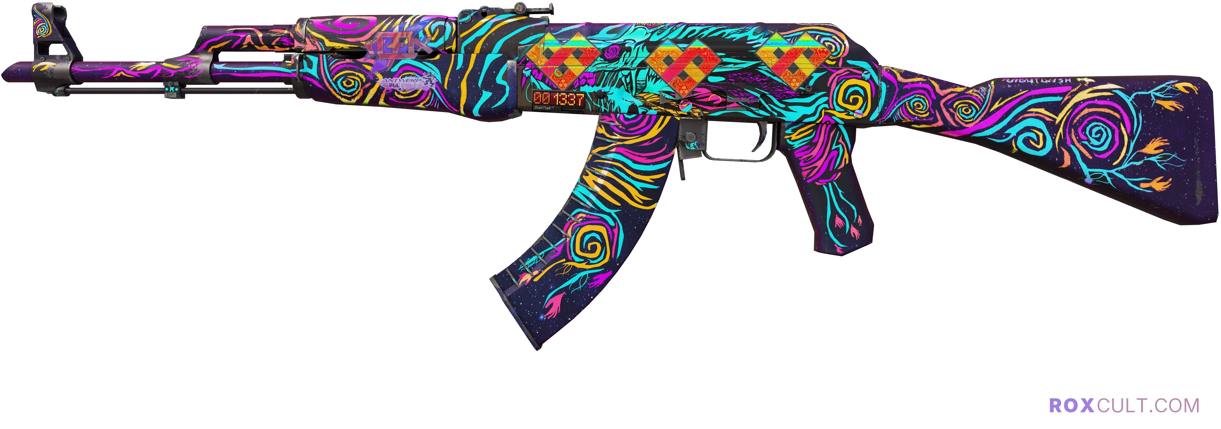 StatTrak™ AK-47 | Nightwish (Minimal Wear) — rox (Holo) Antwerp 2022 craft, playside view with 1 rox (Holo) sticker