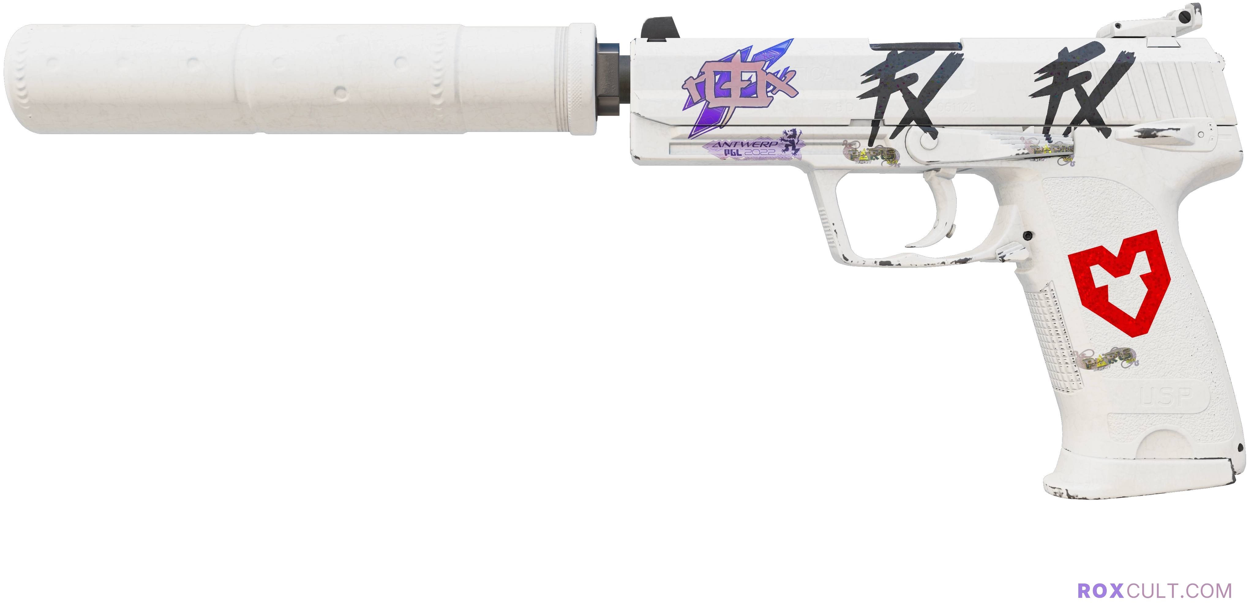 USP-S | Whiteout (Minimal Wear) — rox (Holo) Antwerp 2022 craft, playside view with 1 rox (Holo) sticker