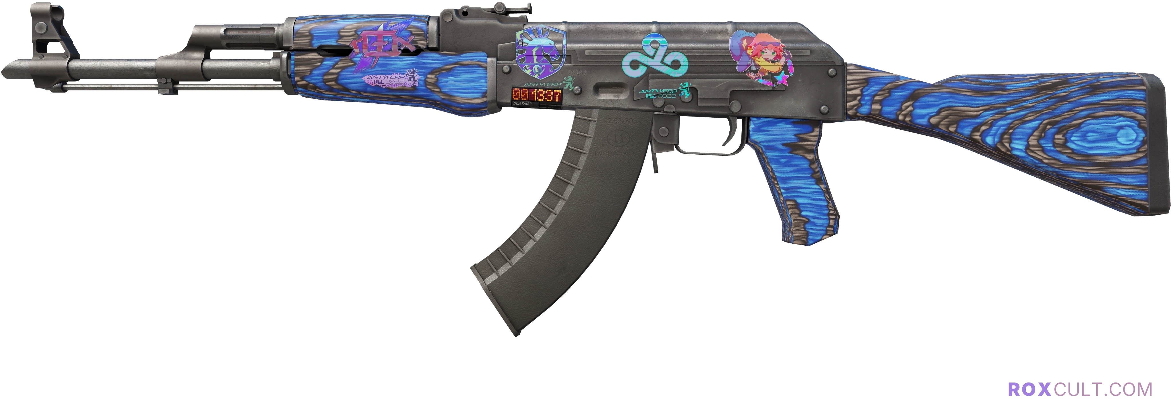 StatTrak™ AK-47 | Blue Laminate (Factory New) — rox (Holo) Antwerp 2022 craft, playside view with 1 rox (Holo) sticker