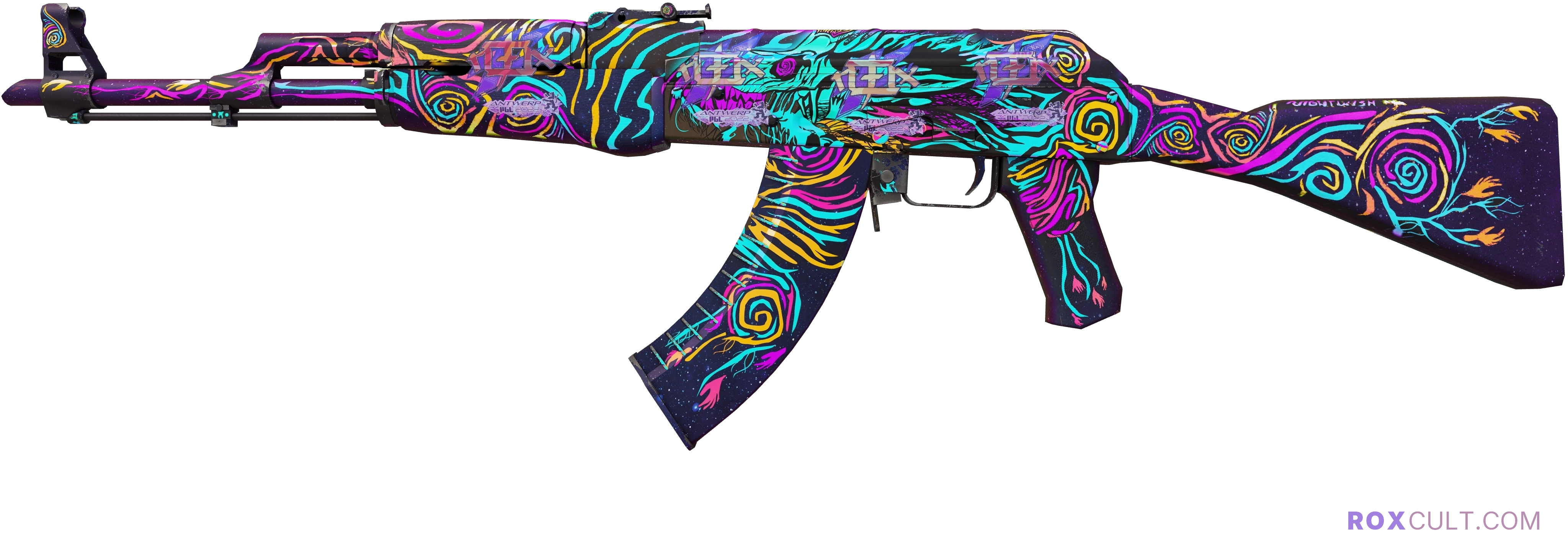 AK-47 | Nightwish (Factory New) — rox (Holo) Antwerp 2022 craft, playside view with 4 rox (Holo) stickers