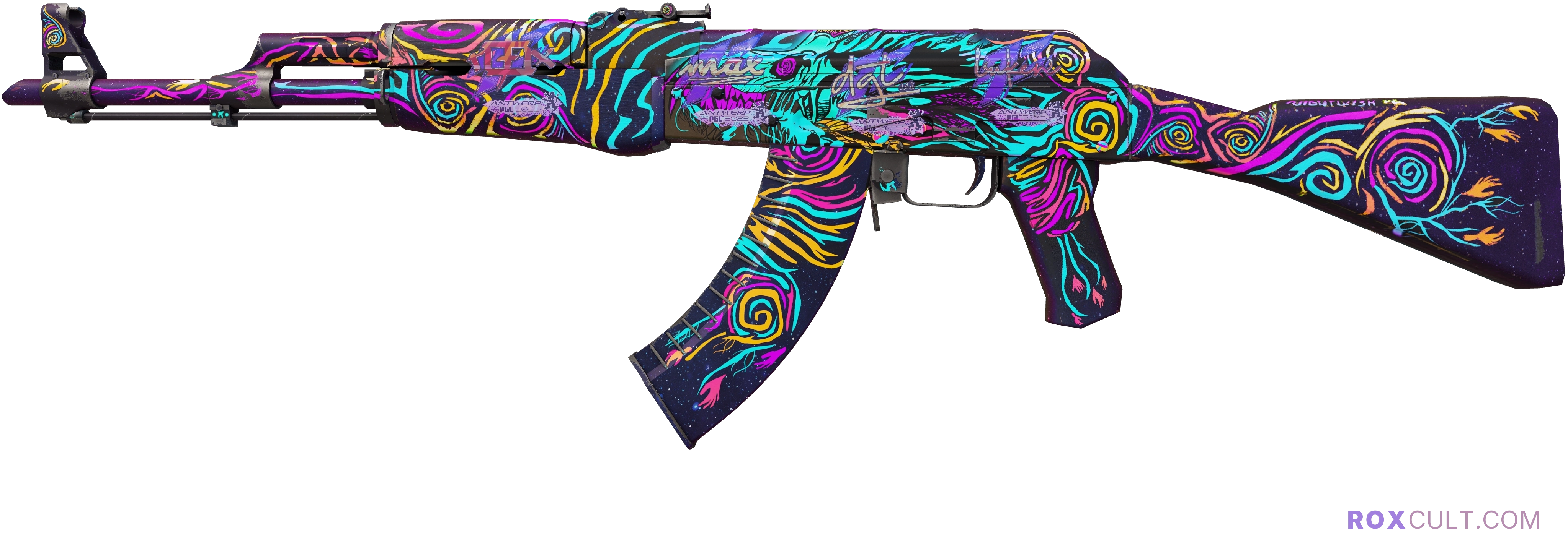 AK-47 | Nightwish (Minimal Wear) — rox (Holo) Antwerp 2022 craft, playside view with 1 rox (Holo) sticker