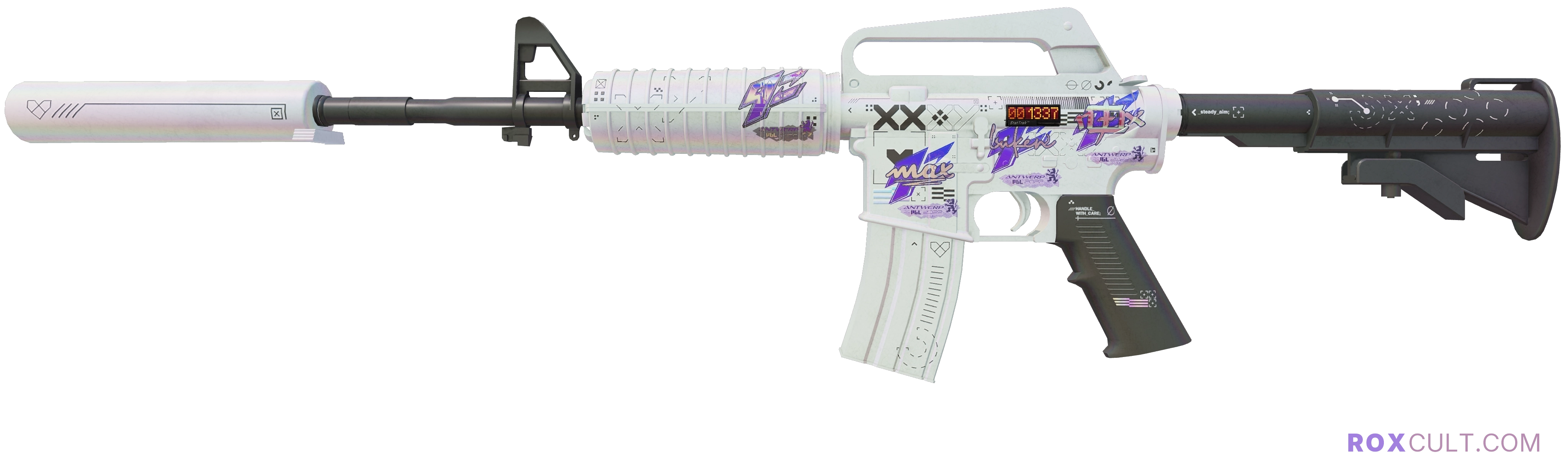 StatTrak™ M4A1-S | Printstream (Minimal Wear) — rox (Holo) Antwerp 2022 craft, playside view with 1 rox (Holo) sticker