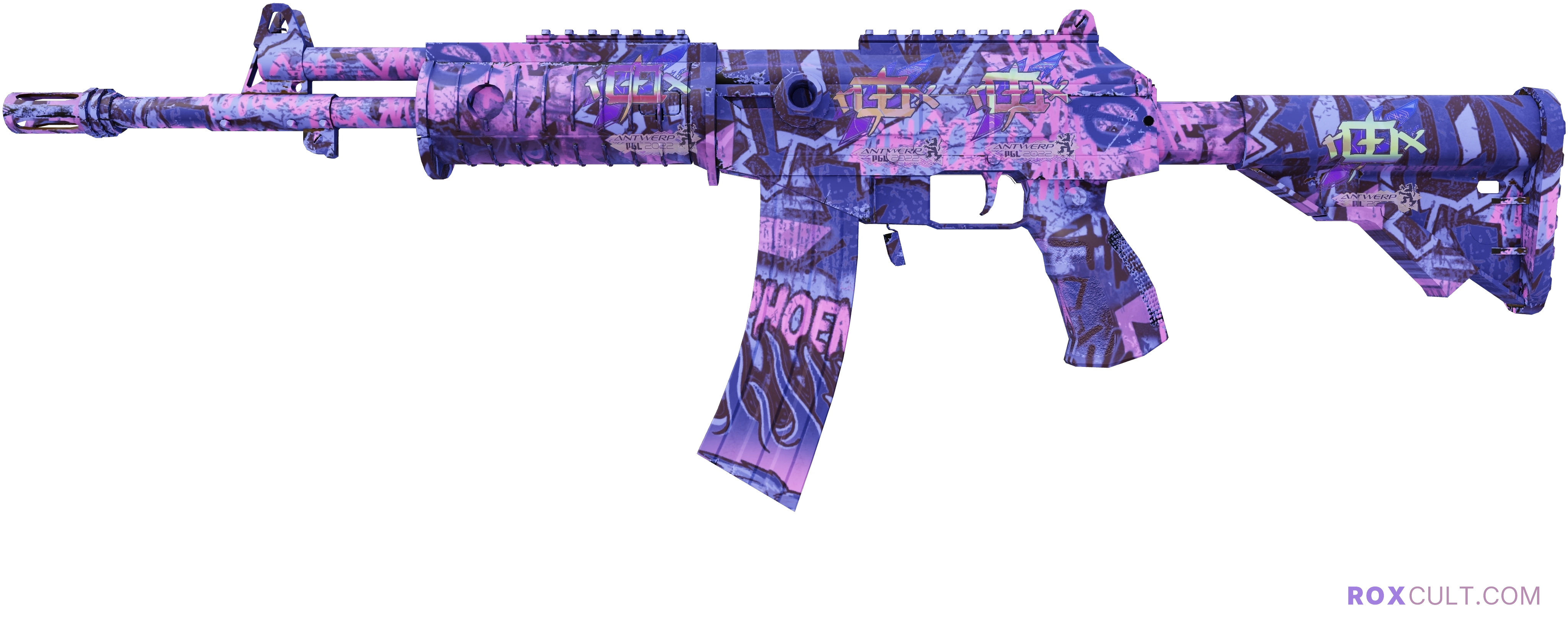 Galil AR | Phoenix Blacklight (Factory New) — rox (Holo) Antwerp 2022 craft, playside view with 4 rox (Holo) stickers