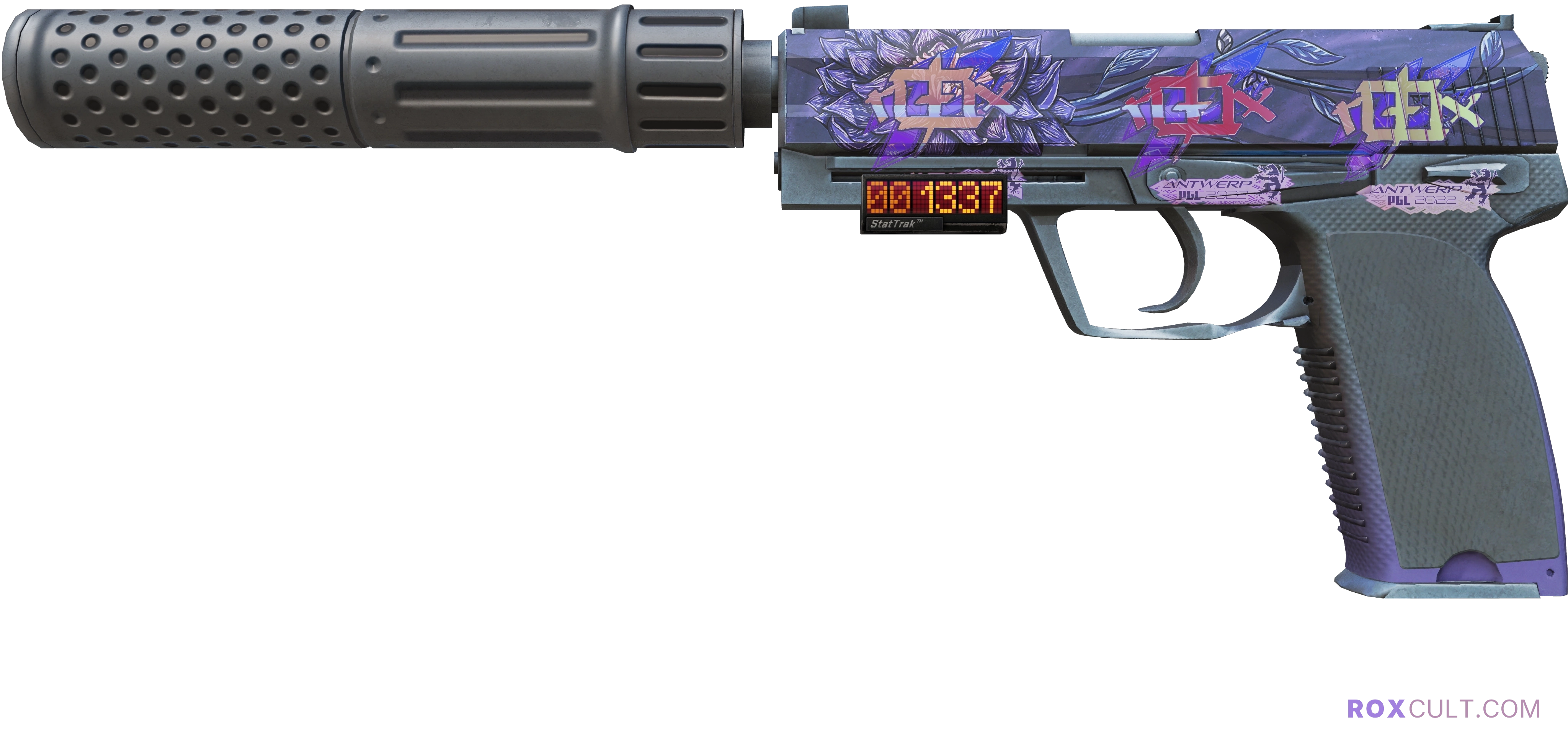 StatTrak™ USP-S | Black Lotus (Factory New) — rox (Holo) Antwerp 2022 craft, playside view with 3 rox (Holo) stickers