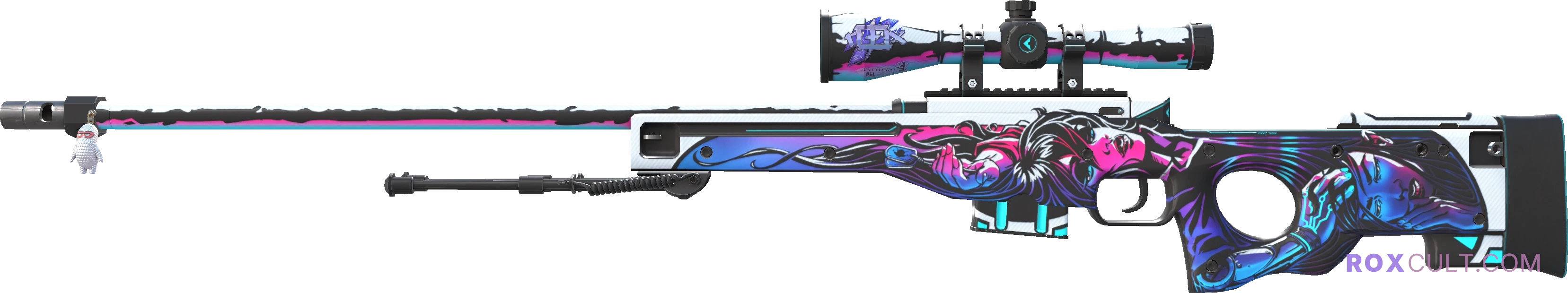 AWP | Neo-Noir (Factory New) — rox (Holo) Antwerp 2022 craft, playside view with 1 rox (Holo) sticker