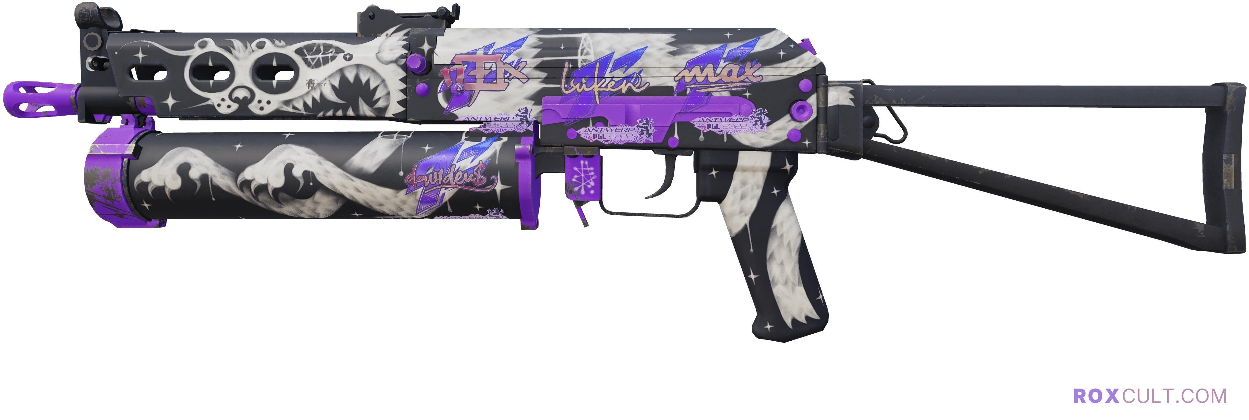 PP-Bizon | Space Cat (Factory New) — rox (Holo) Antwerp 2022 craft, playside view with 1 rox (Holo) sticker