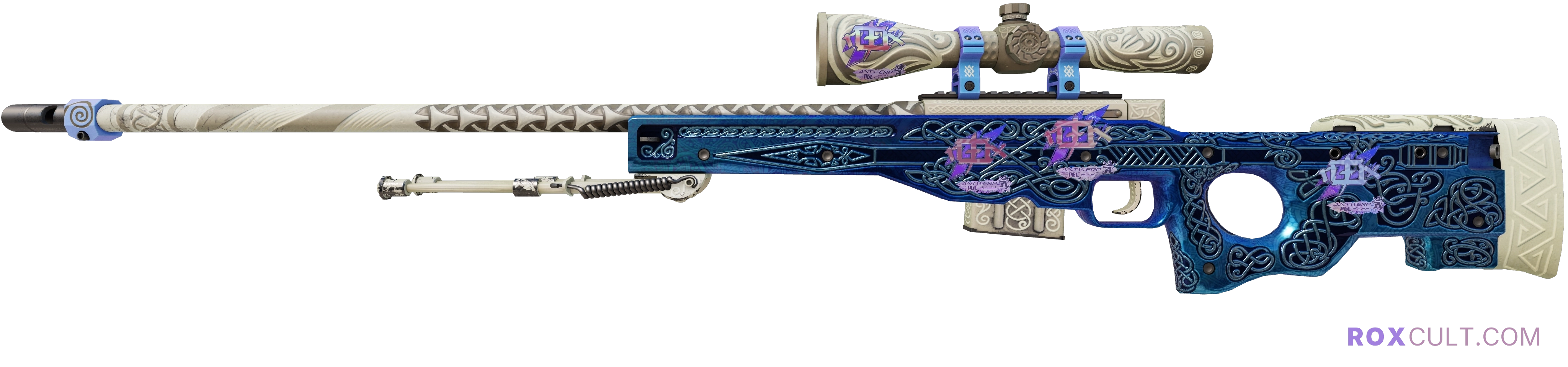 AWP | Gungnir (Field-Tested) — rox (Holo) Antwerp 2022 craft, playside view with 4 rox (Holo) stickers