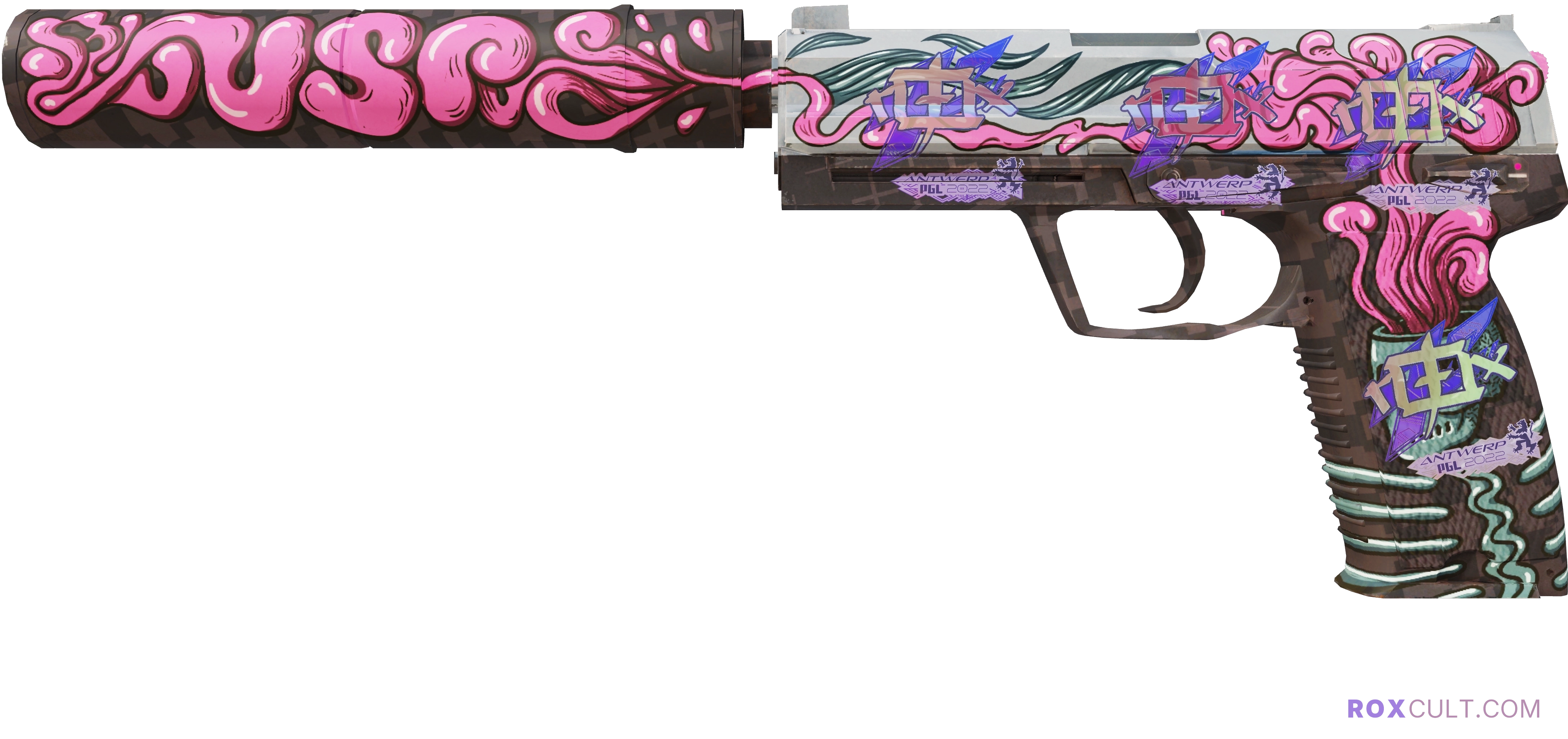 USP-S | Cortex (Factory New) — rox (Holo) Antwerp 2022 craft, playside view with 4 rox (Holo) stickers
