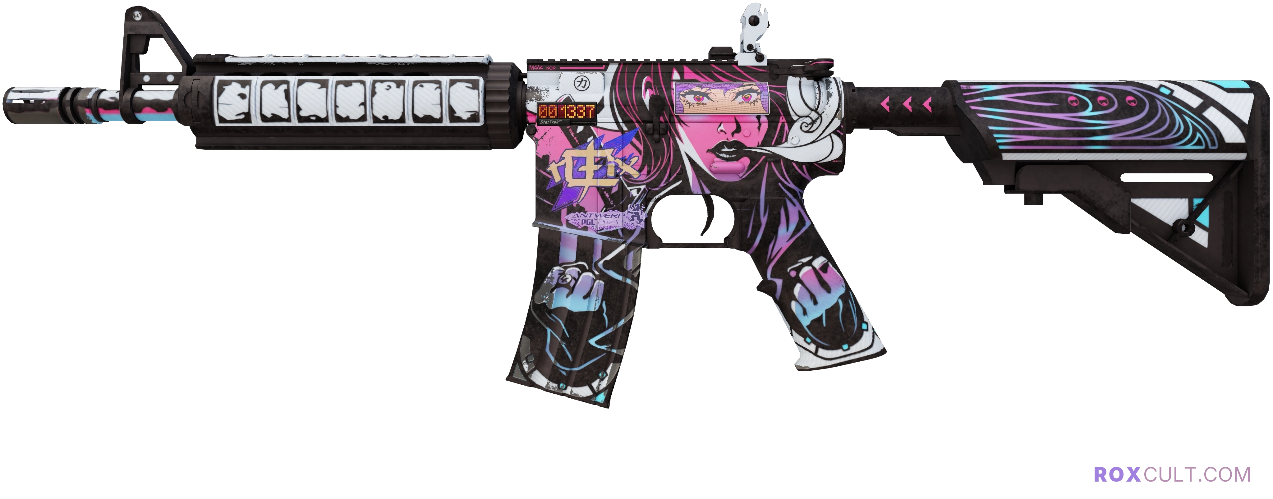 StatTrak™ M4A4 | Neo-Noir (Minimal Wear) — rox (Holo) Antwerp 2022 craft, playside view with 1 rox (Holo) sticker
