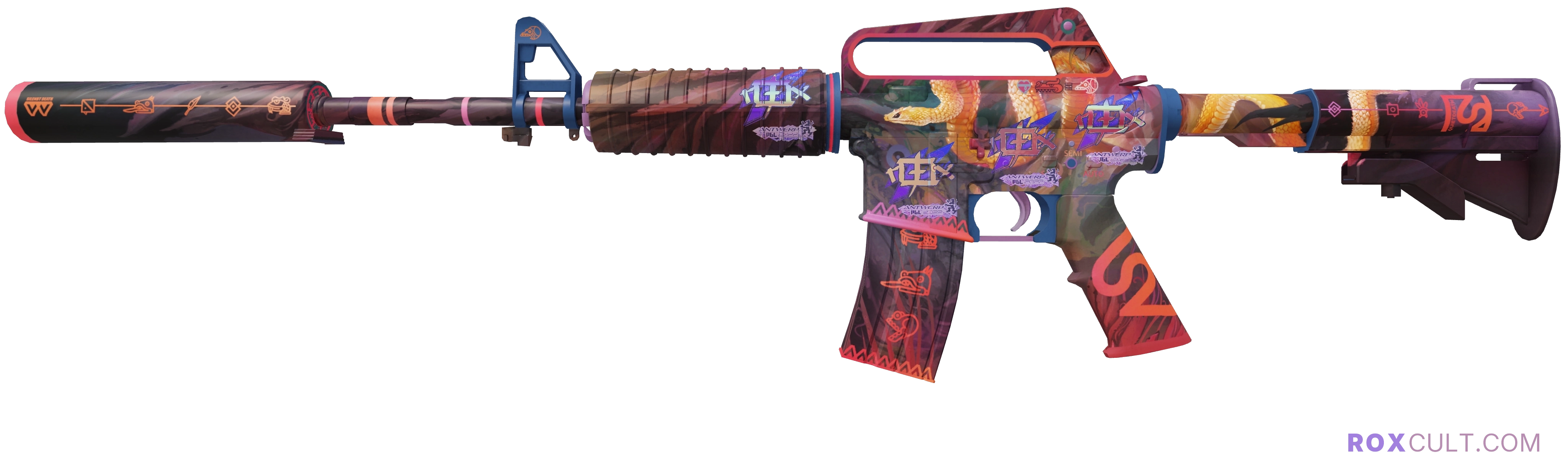 M4A1-S | Welcome to the Jungle (Factory New) — rox (Holo) Antwerp 2022 craft, playside view with 4 rox (Holo) stickers