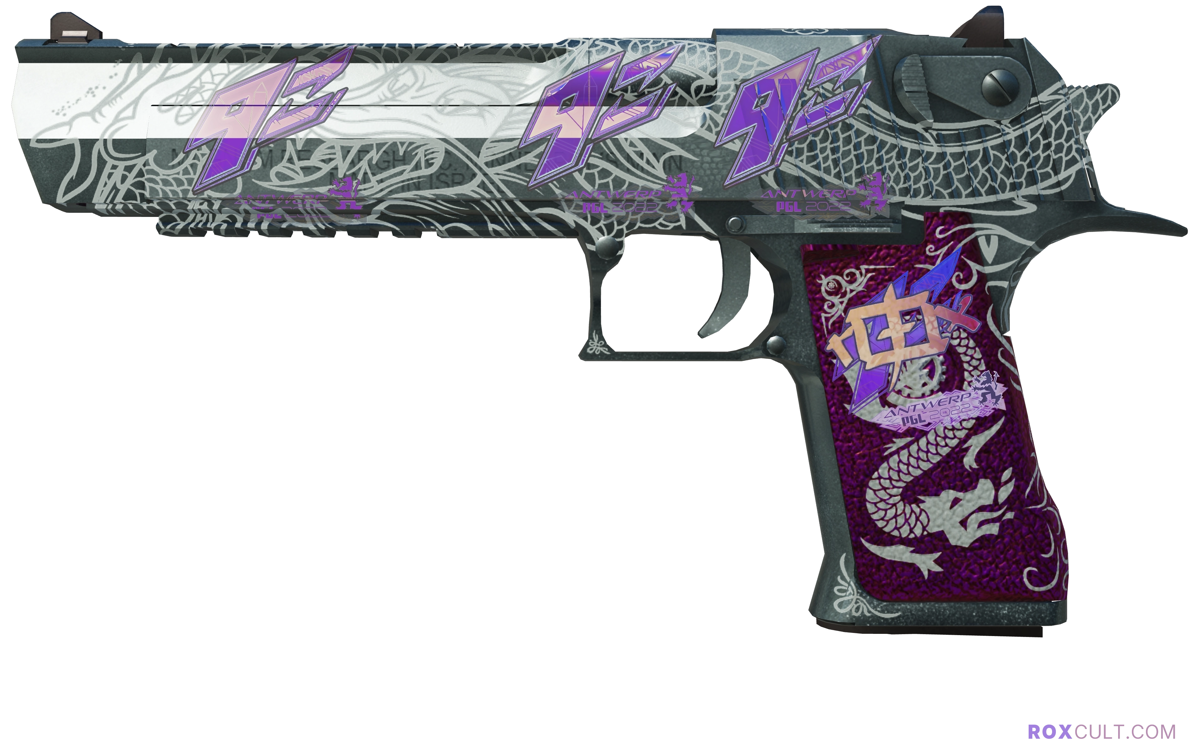 Desert Eagle | Kumicho Dragon (Minimal Wear) — rox (Holo) Antwerp 2022 craft, playside view with 1 rox (Holo) sticker